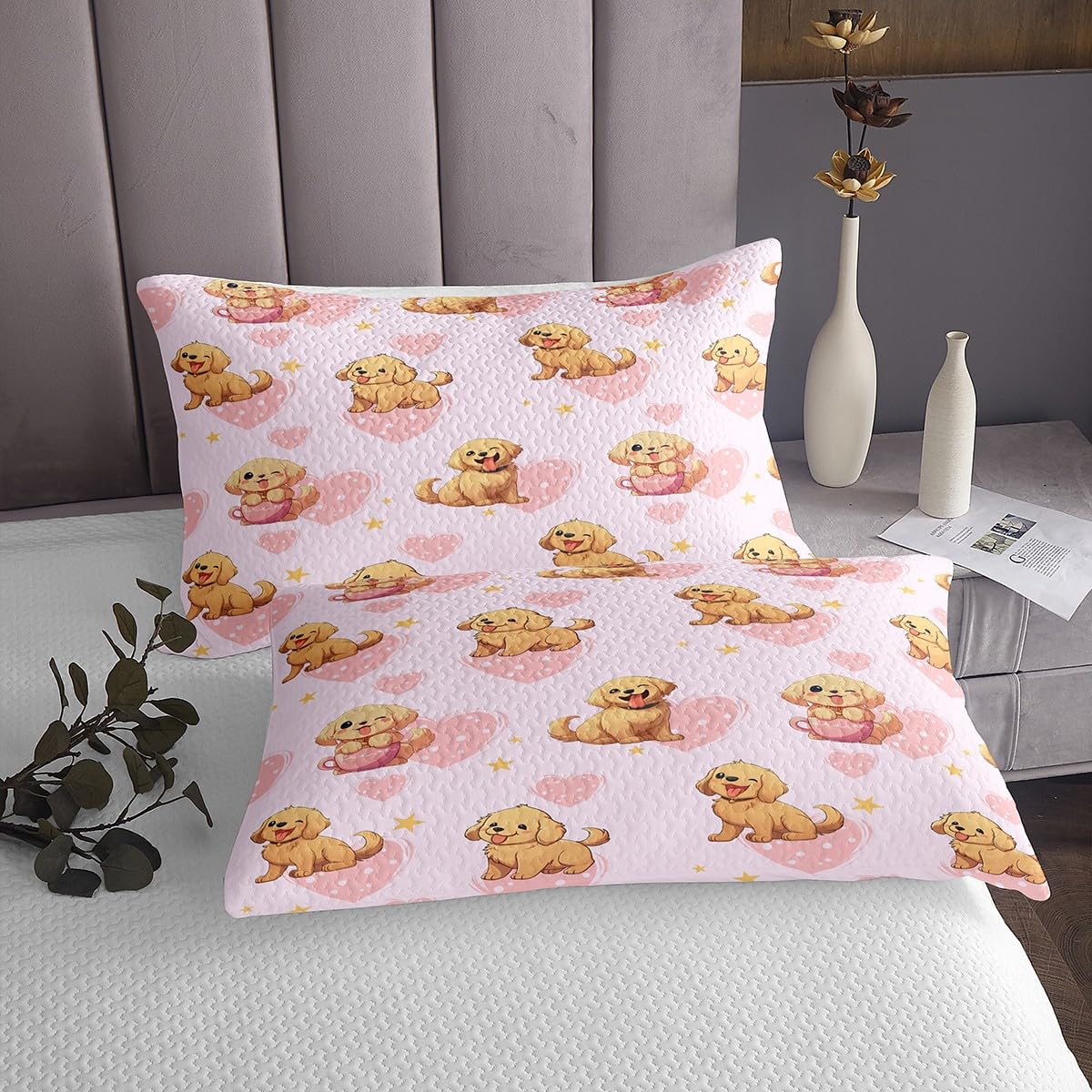 Juego de edredón para cama de matrimonio con diseño de perro y cachorro, juego de colcha Golden Retriever para niños y niñas, juego de colcha de perros de dibujos animados, funda de cama rosa acuarela