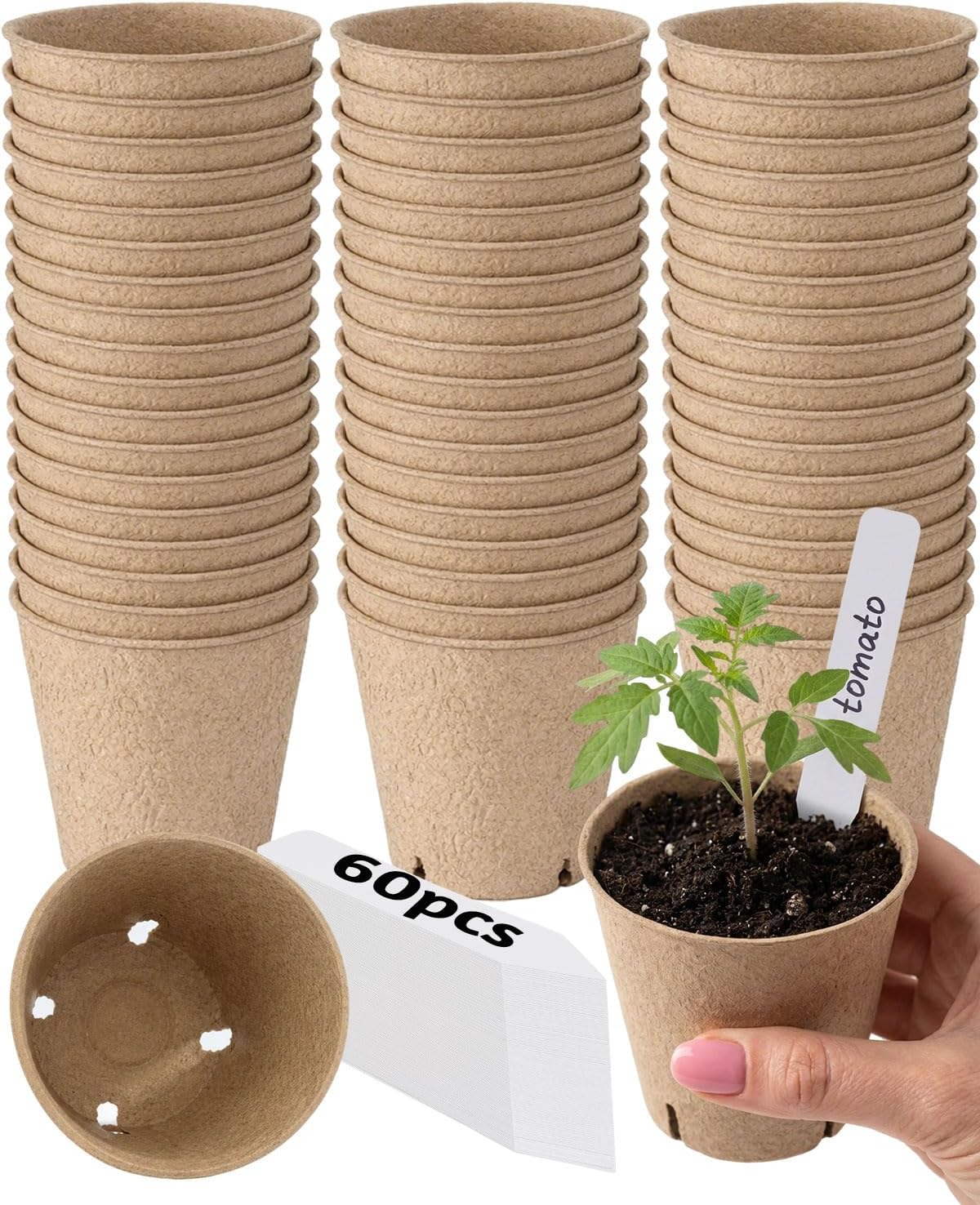 3.15Inch Peat Pots 60Pcs Biodegradable Pots for Seedling, Round Plant Seed Starter Pots with 60Pcs Plant Labels, Garden Germination Nursery Pots for Flower Vegetable Saplings & Herb Seed Germination