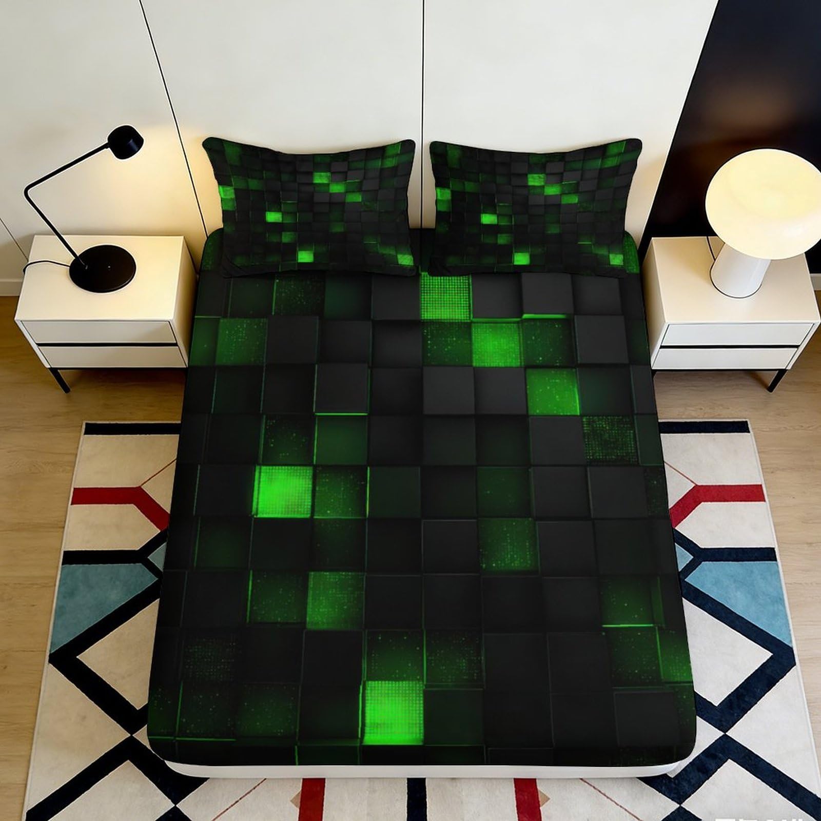 3D Printed Neon Grid Fitted Sheet Microfiber Soft Breathable Digital Block Mattress Cover for Bedroom Dorm Decor 90x200x25cm