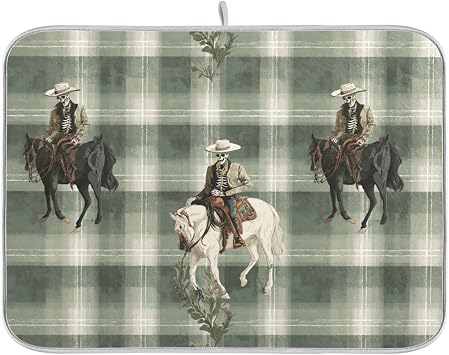 Dish Drying Mat for Kitchen Counter Skeleton Figures Horse Green Checkered Absorbent Drying Dish Mat 1618 inch Dish Rack Pad Coffee Mat for Sink Dishes Under Rack
