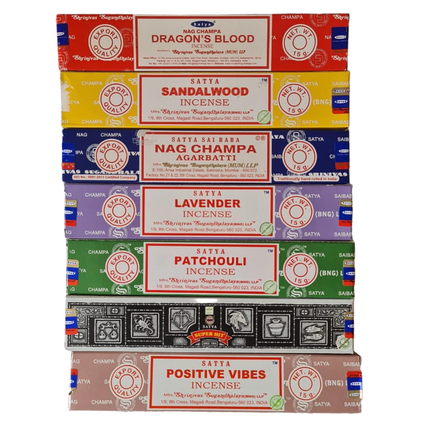 Satya Incense Sticks Variety Pack of 7 | Assorted Premium Masala Incense Gift Set | Nag Champa, Sandalwood, Super Hit, Dragon’s Blood, Patchouli Forest | Home Fragrance & Meditation Joss Sticks