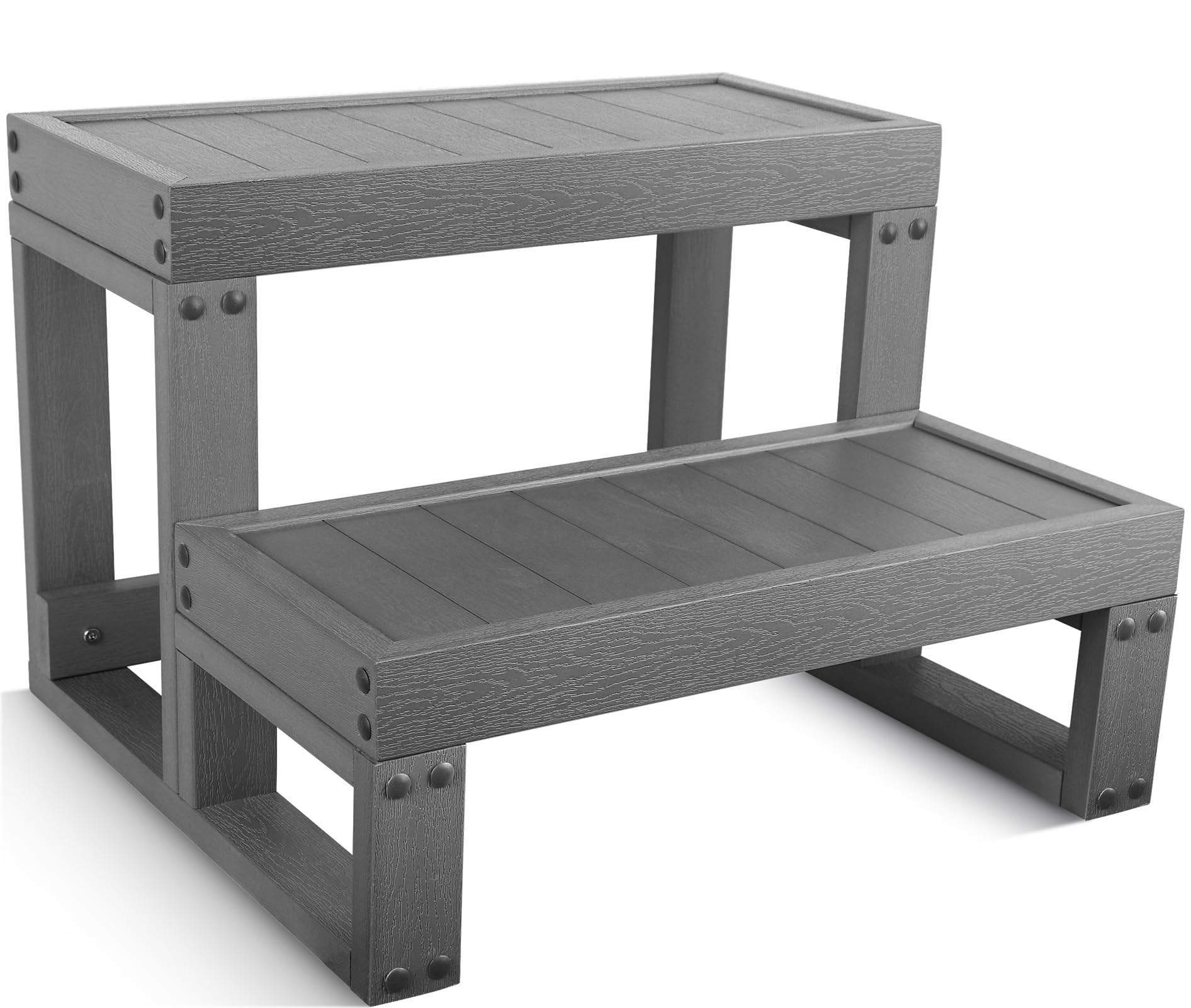 ACTREY Hot Tub Steps,Universal Spa Steps,Two Steps Wide Hot Tub Steps,Non-Slip Waterproof Wood Looking Plastic Hot Tub Steps Outdoor Suitable for Any Size Hot Tub (Gray)