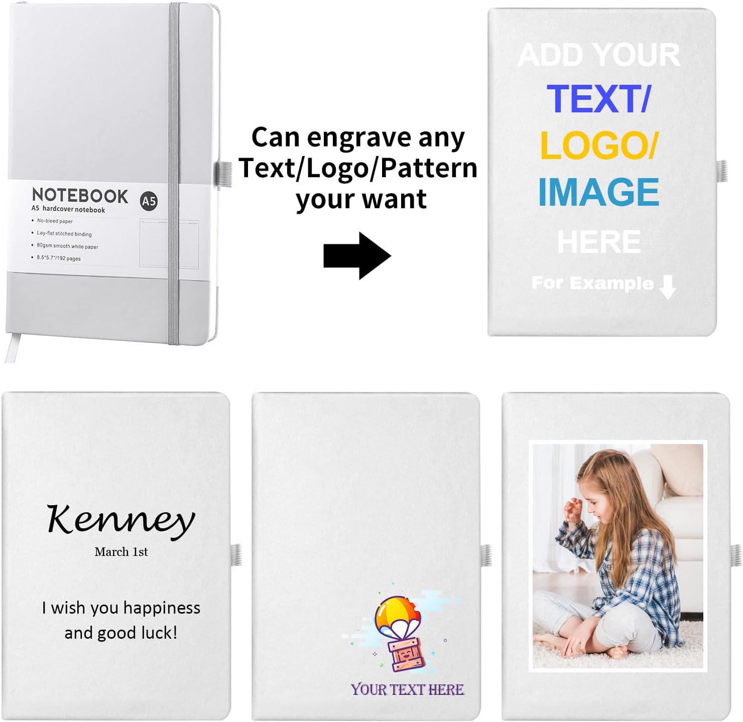 Personalized Custom Notebook and Pen Set with Your Logo/Text/Image, Notebooks for Business School, Customizable A5 Journal with Ballpoint Pen,192 Pages, 8.3 x 5.8 Inches, White - Image 3