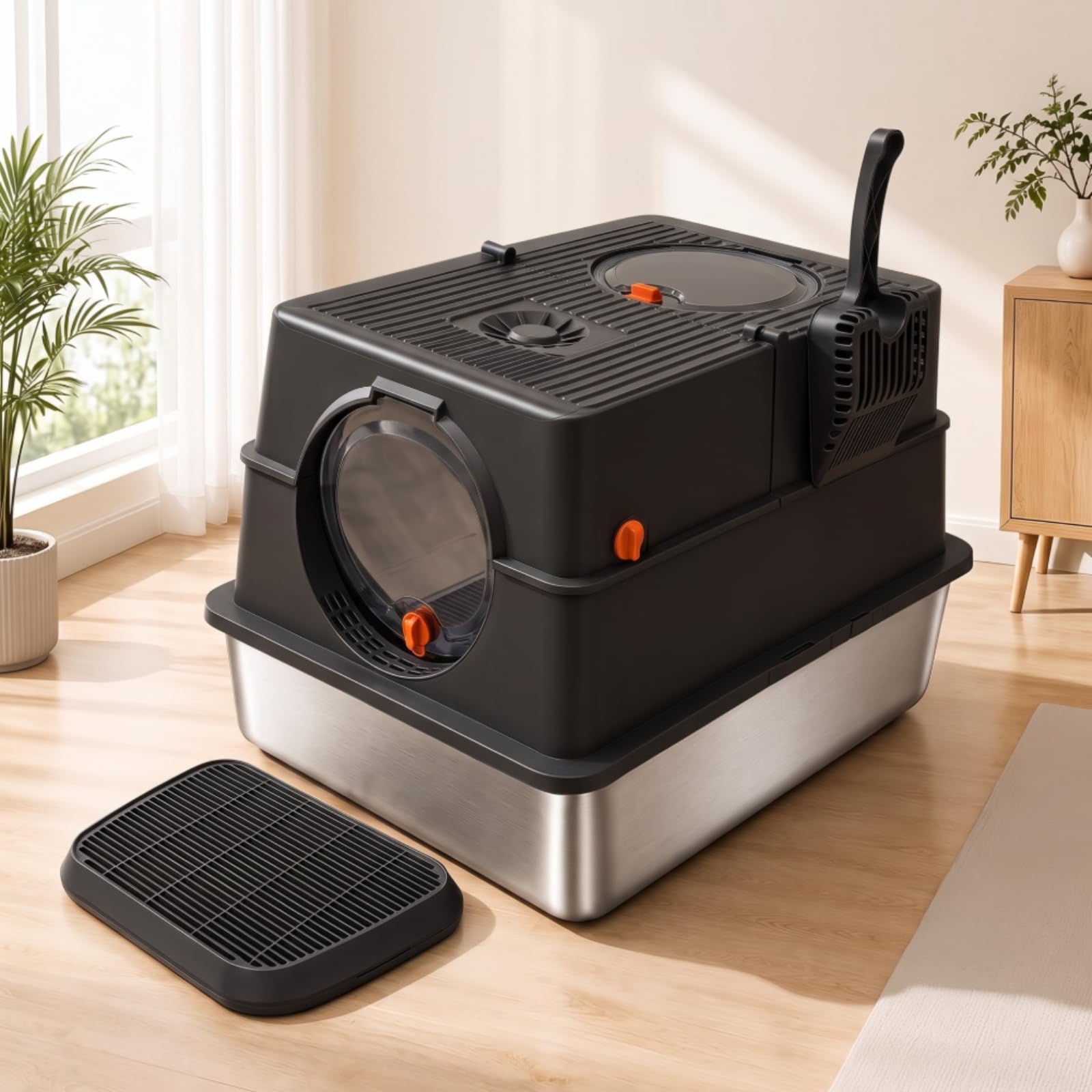 Caja de Arena para Gatos Contenedor Cerrado Arenero Bandeja en Acero Inoxidable con Dos Accesos y Superficie Estriada Reduce Rastros Incluye Removedor, Negro Grafito