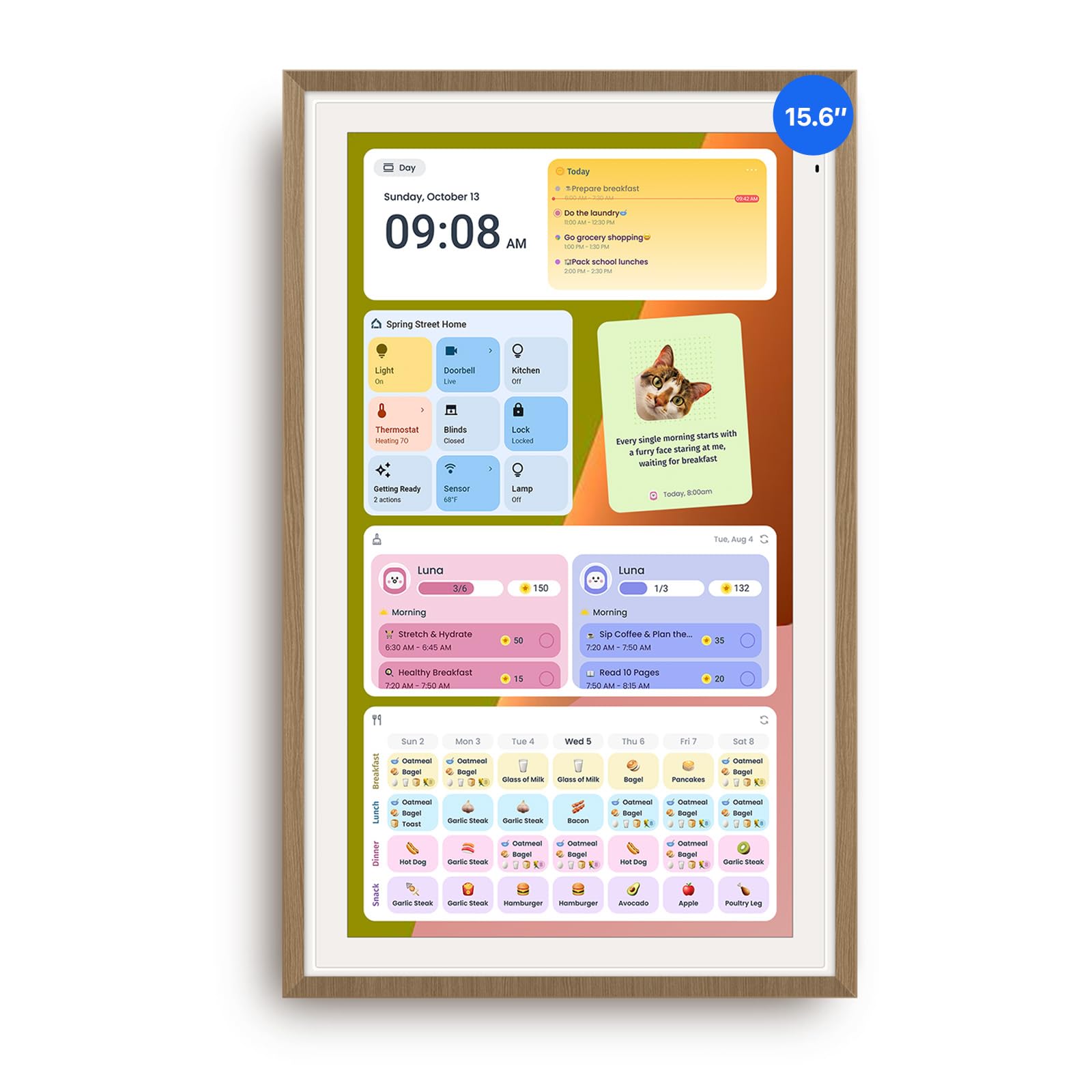 Apolosign 15.6-inch Digital Calendar, No-Subscription, Smart Wall Planner with Calendar Sync, Chore Chart, Meal, Apps &amp; Dashboard, Electronic Display for Schedules, Dual Mode, with Stand (Teak)