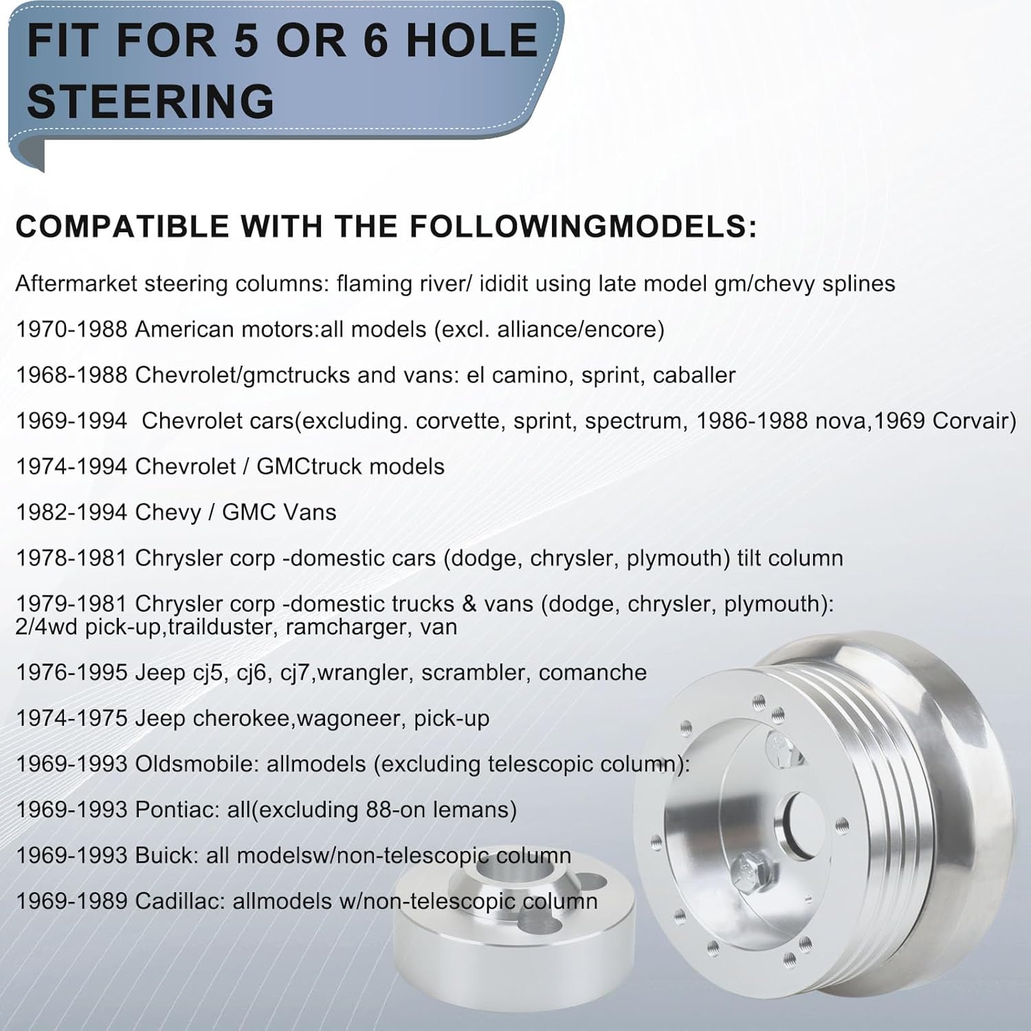 Universal 5 & 6 Hole Steering Wheel Hub Adapter Compatible with Chevy GMC Trucks Pickup Vans Jeep Chrysler Dodge Pontiac Cadillac,Billet Aluminum Polished Steering Wheel Adapter(Silver)