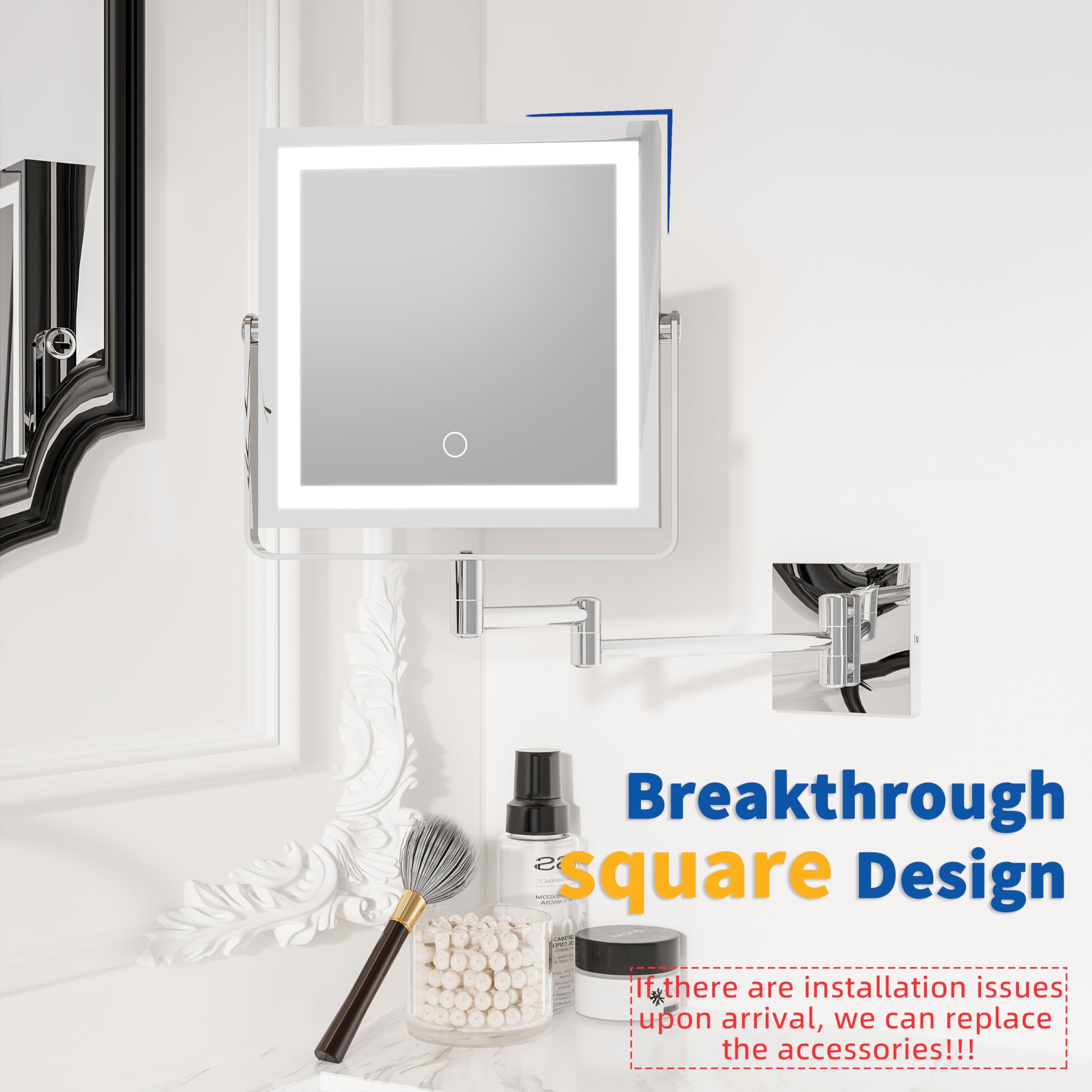 Ruacq Specchio da trucco ricaricabile da parete con luci, specchio cosmetico con ingrandimento 1X/10X su entrambi i lati con illuminazione a 3 colori, touch screen dimmerabile, braccio pieghevole con