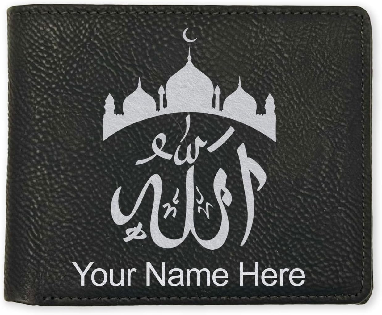 LaserGram Faux Leather Bi-Fold Wallet, Allah 2, Personalized Engraving Included (Black with Gold)