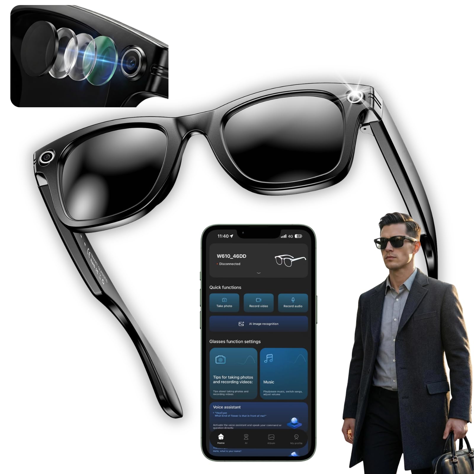 Photo 1 of Nexlenz Smart Camera Sunglasses, 8MP POV Video Recording Glasses for Travel, Daily Use & Outdoor Activities, AI Object Recognition, Voice Translation, Bluetooth Audio, Built-in Storage