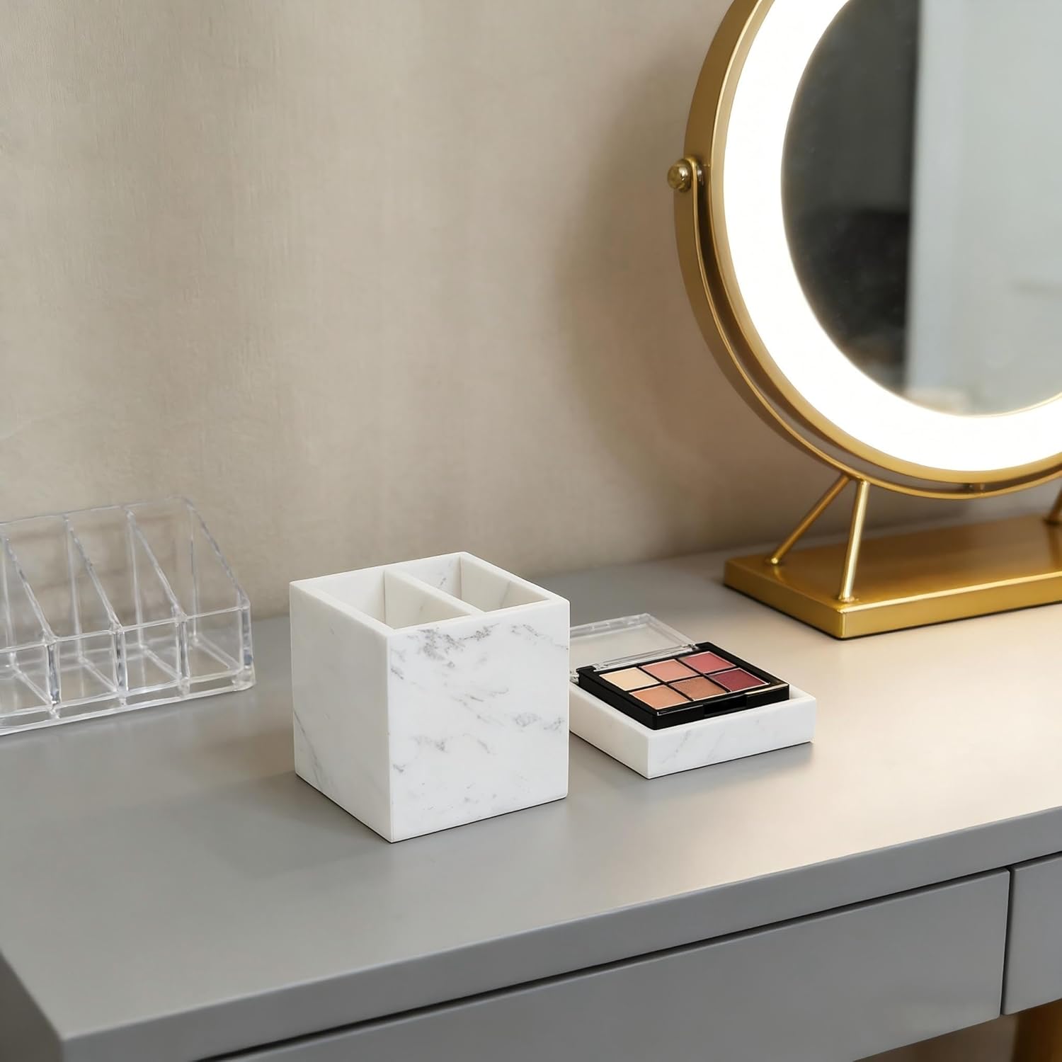 Marble Pen Holder, White Stone, Rectangular Desktop Organizer for Office Study (white 2 layer)