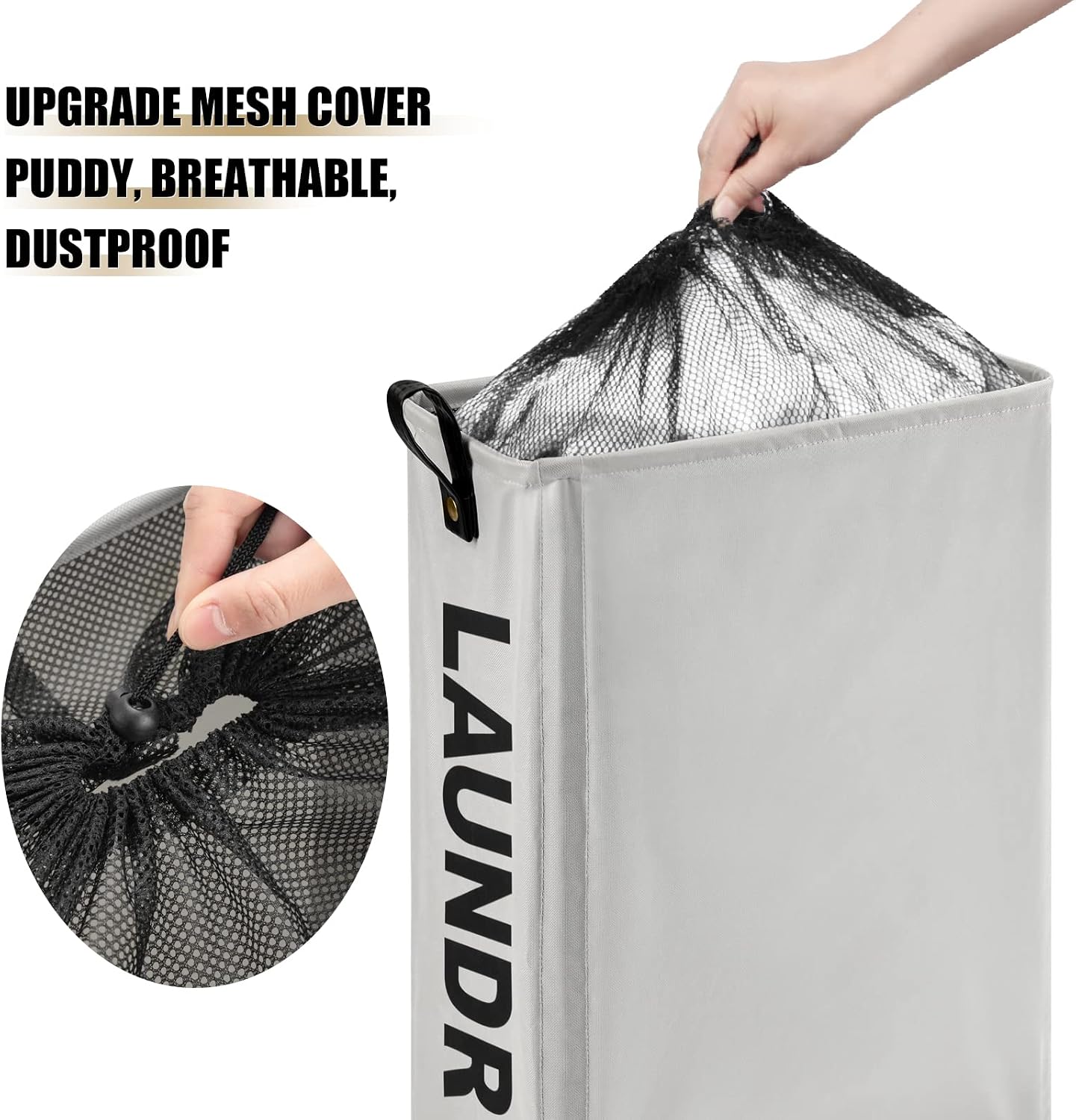 DOKEHOM Slim Laundry Basket with Leather Handle on Wheels (4 Colors), Foldable Corner Storage Bins, Collapsible Rolling Laundry Hamper (Grey, Slim)