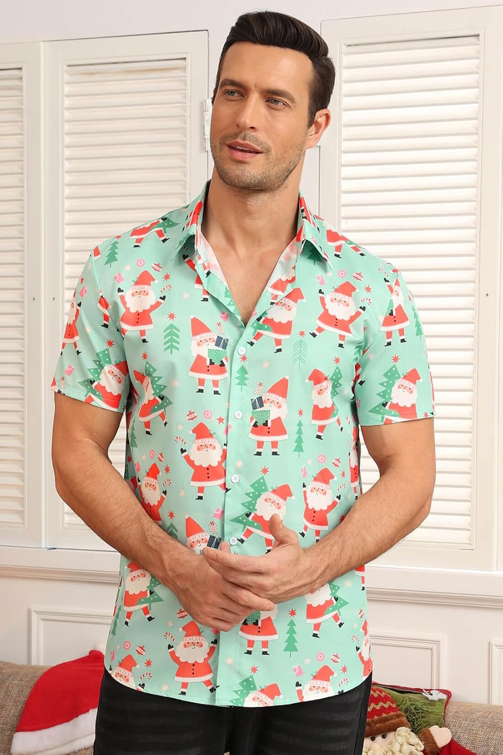 Aiyino Men's Christmas Hawaiian Shirts Short Sleeve Santa Claus Button Down Shirt for Parties Vacations and Gifts - Image 3