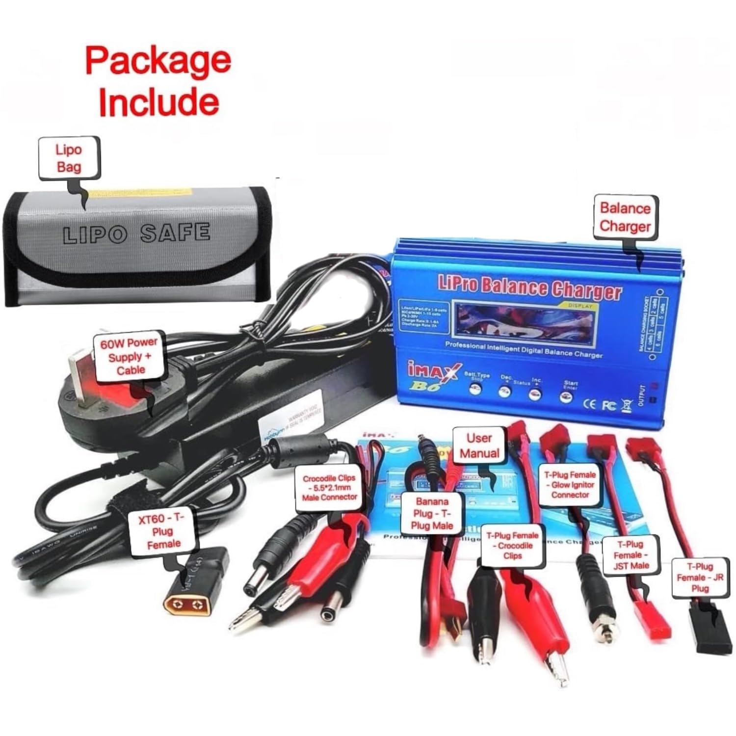 iMax B6 Lipo Cargador de batería RC Lipo Cargador de batería Dis-Charge 1S-6S Carga multifunción LiFe LiHV NiCd NiMH Lilon Pb + adaptador de corriente + bolsa de seguridad Lipo