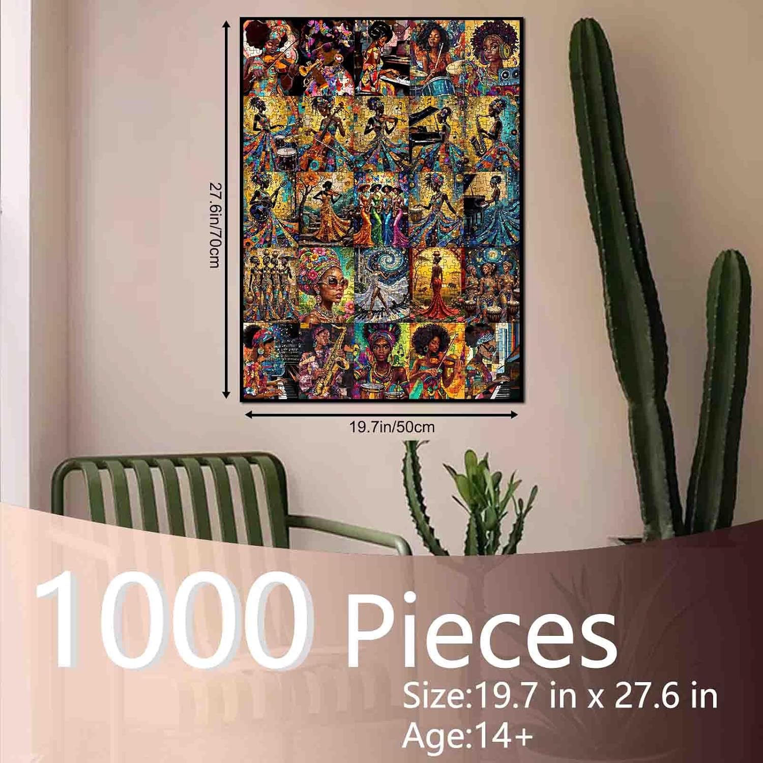 African Woman Musical Collage Puzzle 1000 Pieces Jigsaw Puzzle for Adults Afro Africa Black Girl Artwork Puzzles, Colorful DIY Crafts Puzzle for Challenging Family Activity Game Wall Decor Gifts