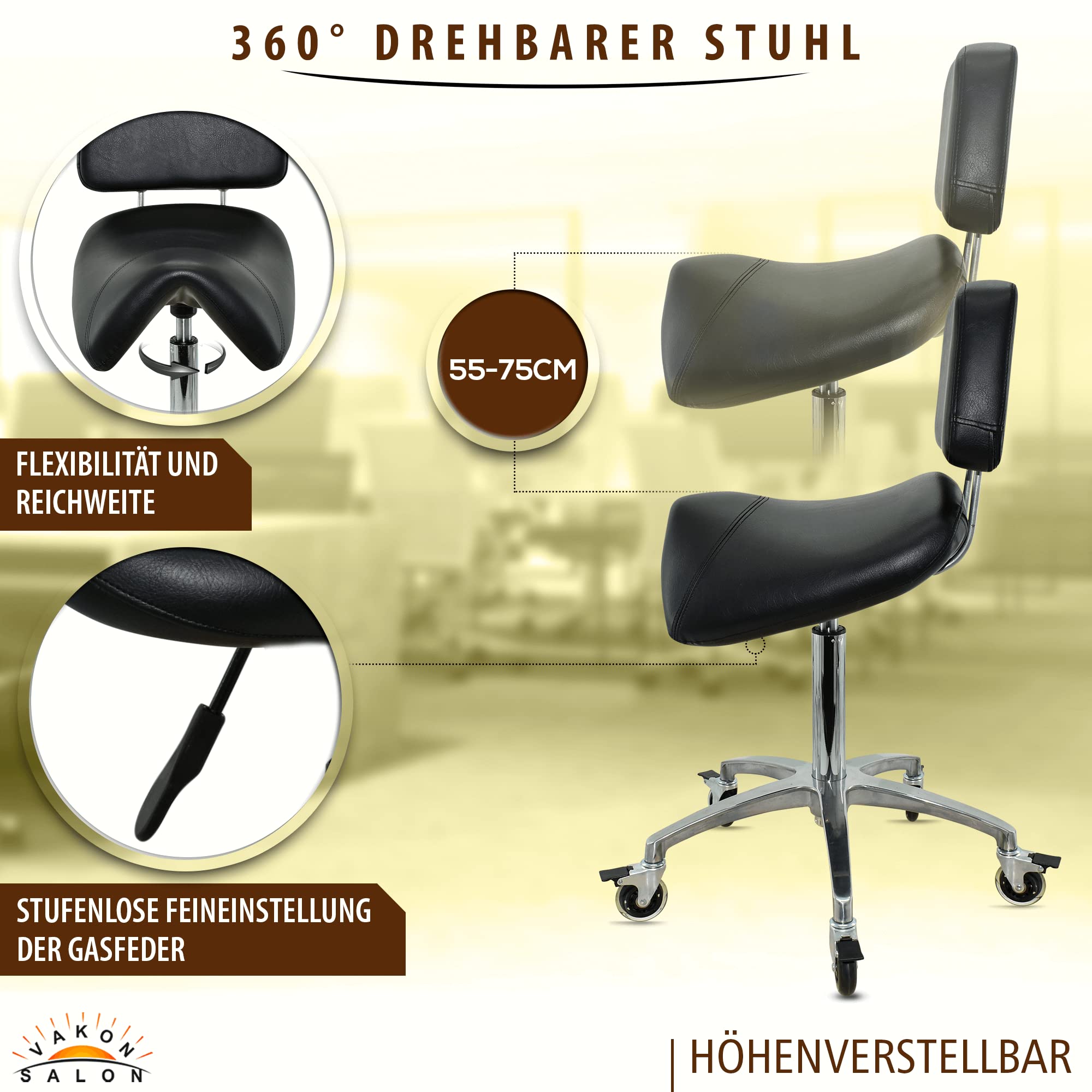 Breiter Sattelhocker schwarz mit Bremse und Lehne, Sattelstuhl für Rückenentlastung, Rollhocker höhenverstellbar von 55-75 cm, Praxishocker, Bürohocker, Arbeitshocker