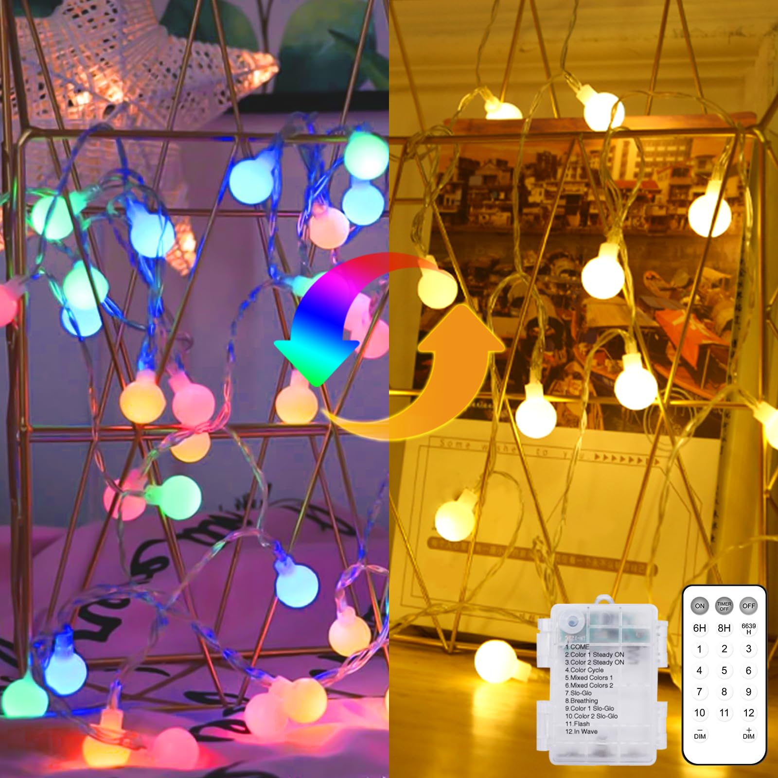 kolpop Lichterkette Batterie, 10.3M 80 LED Lichterkette Kugeln, Wasserdicht Lichterketten Außen mit Timer Fernbedienung, 12 Modi für Zimmer, Balkon, Hochzeit, Party, Weihnachten Deko, Warmweiß & Bunt