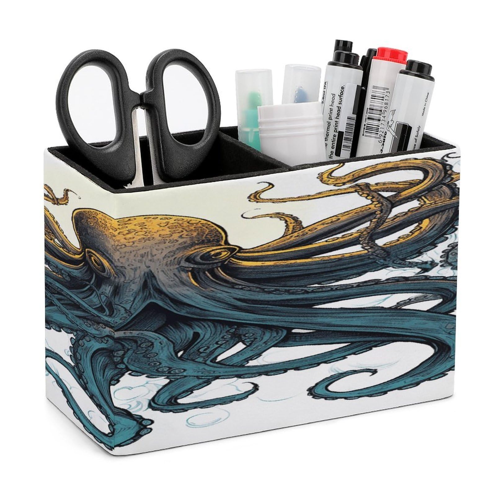 VstaDank Sun Ocean Octopus Pen Holder Double Compartments Pen Cup Fashion Makeup Brush Holders Leather Pencil Holder for Work Locker Accessories Modern Pencil Cup for Desk Organizer
