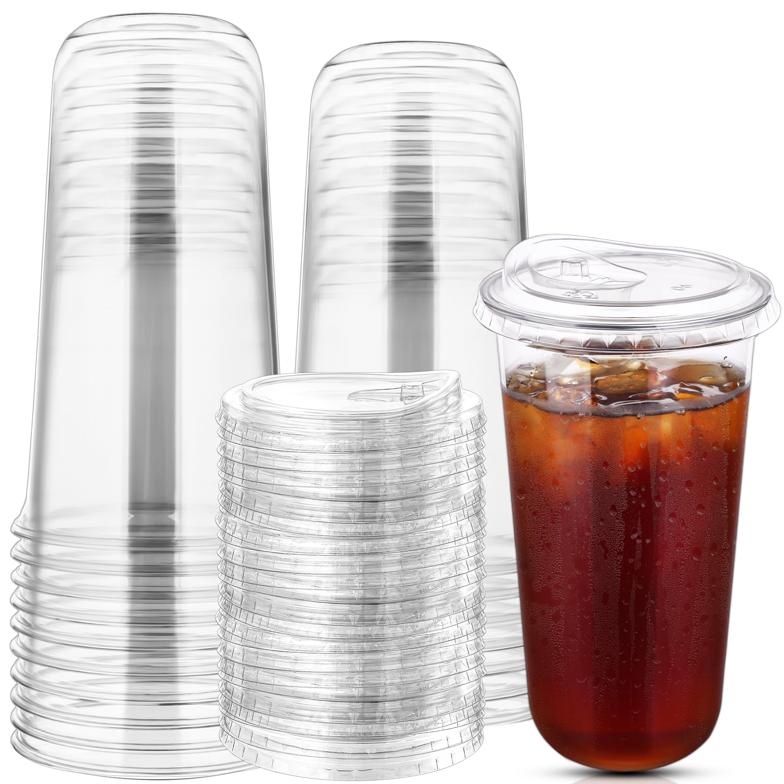 50 Sets Disposable Stemless Glasses With Strawless Sip Lids,PET Drinking Cups,Clear Plastic Coffee Cups for Iced Coffee, Smoothie, Cold Beverage, Drink Shop and Christmas Party Supply (Clear, 24 oz)