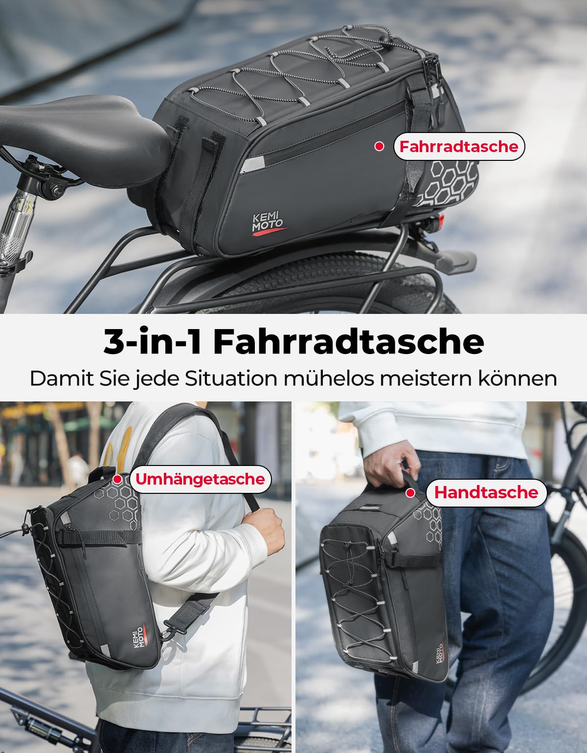 KEMIMOTO 2 IN 1 Fahrradtasche mit Kühlfunktion, 17L Kapazität - 11L Gepäckträgertasche mit Abnehmbarer 6L Isoliertasche, Mehrere Fächer, mit Tragegriff und Schultergurt, Fahrrad Taschen hinten