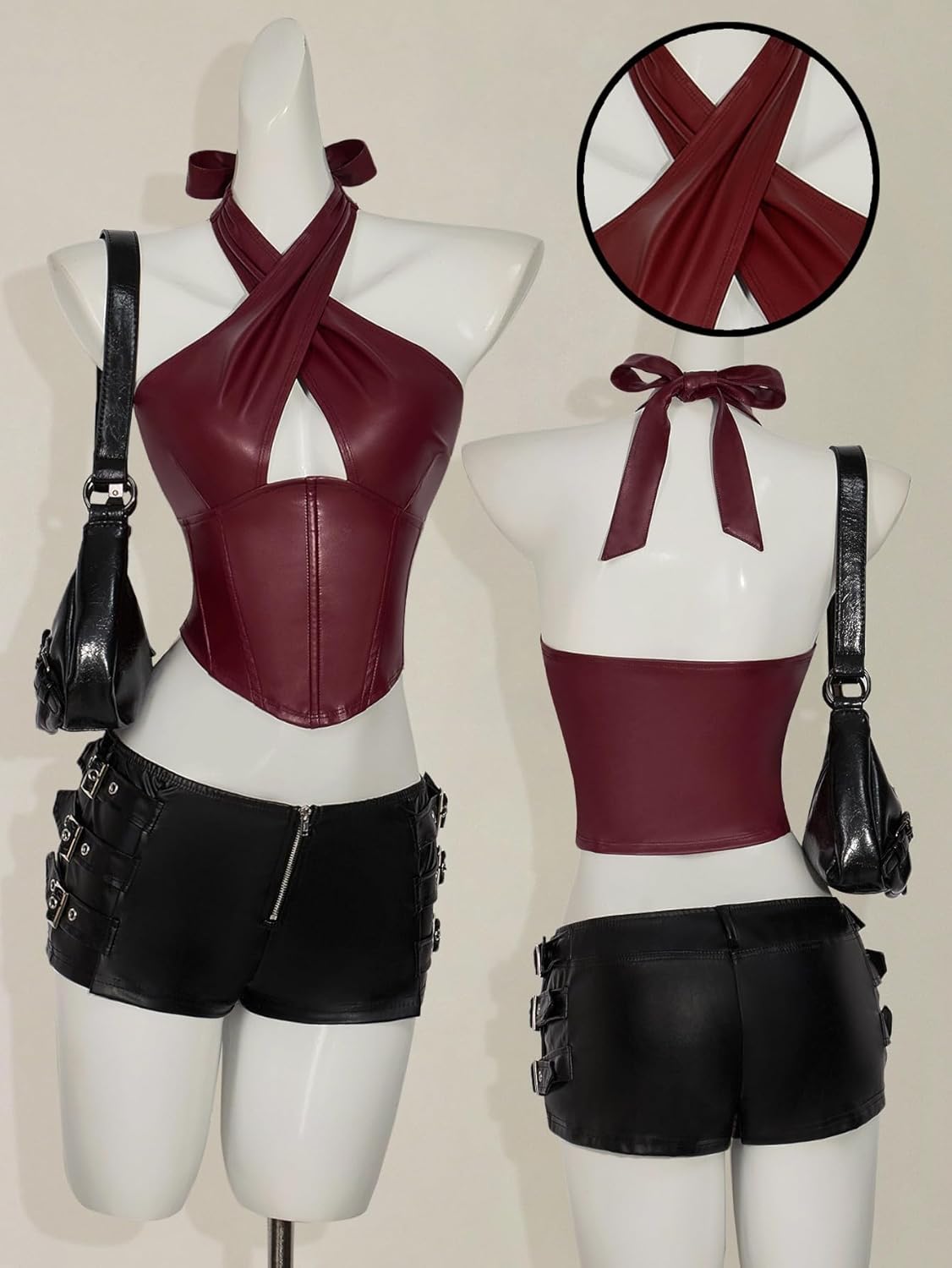 Verdusa Women's Y2k Club Faux Leather Corset Tops Cut Out Criss Cross Going Out Halter Top - Image 2