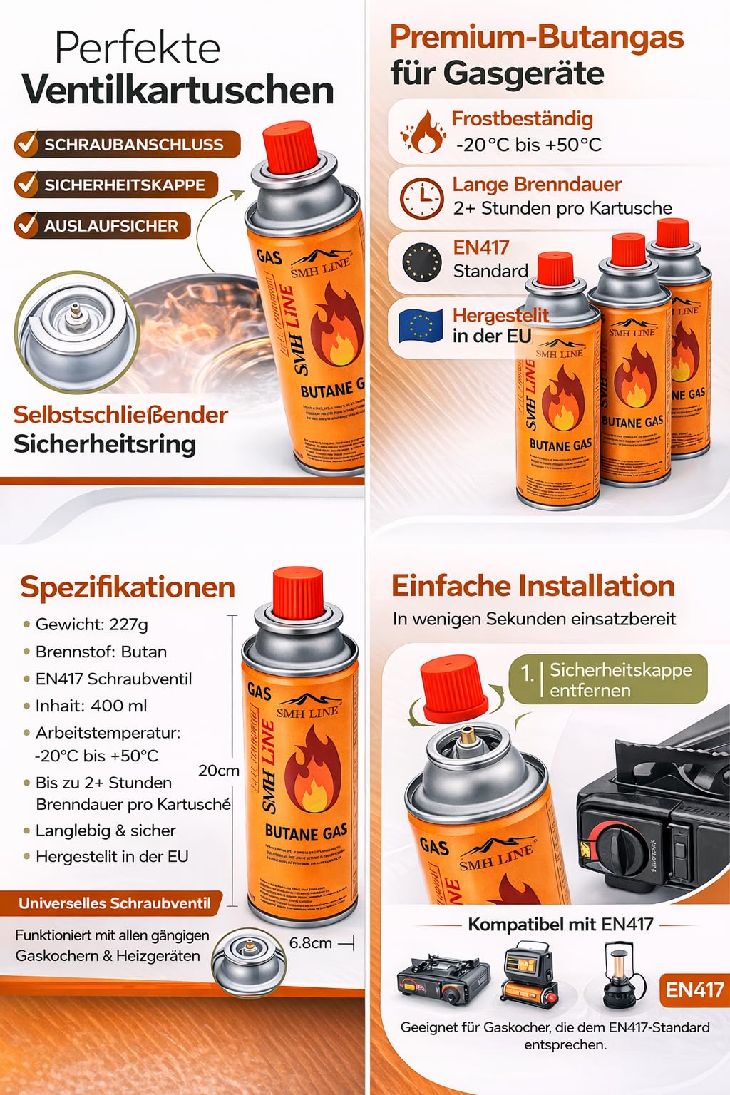 SMH LINE® Lot de 12 cartouches de gaz butane MSF-1A - 227 g - Brûleur Bunsen - Réchaud de camping - Chauffage à gaz - Brûleur à souder