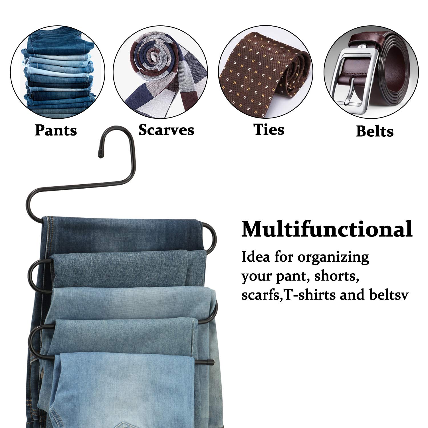 DOIOWN 6 Stück Hosenbügel S-Form Edelstahl Kleiderbügel platzsparend Kleiderschrank Organizer für Hosen Jeans Schal (5 Schichten, Stück) Schwarz -