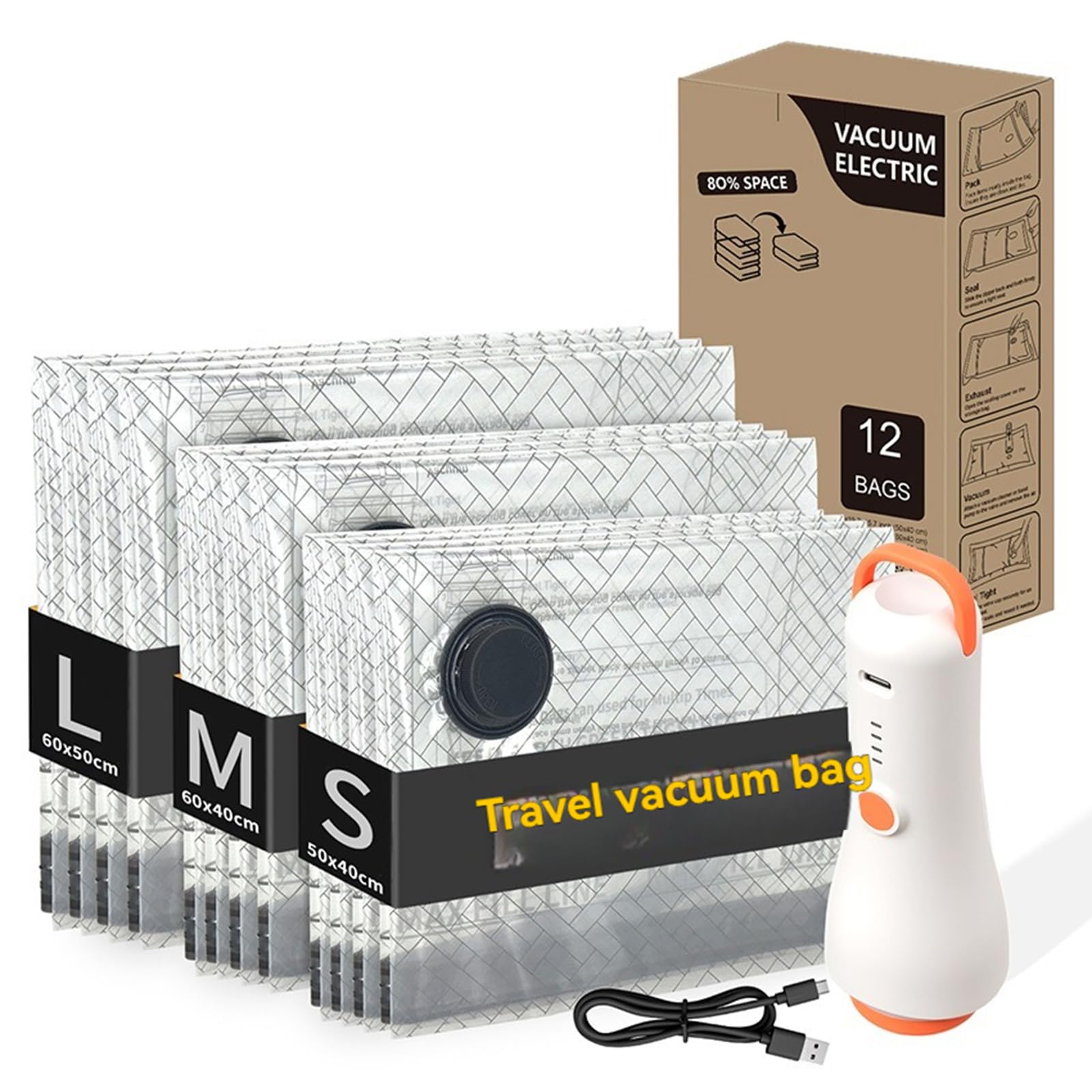 Vakuum-Kompressionsbeutel, transparent, platzsparend, Aufbewahrungsbeutel, L/M/S, für Reisen und Zuhause, Aufbewahrung von Kleidung, Decken, Vakuumbeutel mit wiederaufladbarer kabelloser