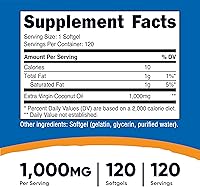 Vista 2 de Nutricost Cápsulas blandas de aceite de coco (1000 mg), 120 cápsulas blandas, aceite de coco virgen extra, sin gluten y sin OMG