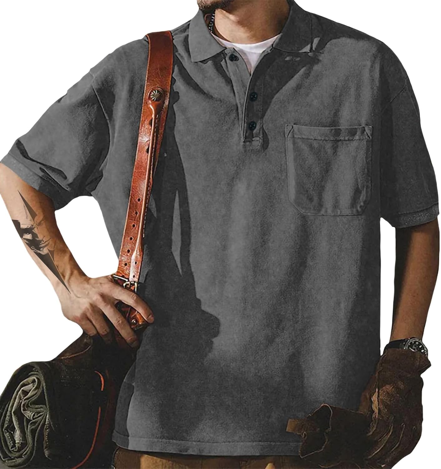 Polo Shirt Men Cool Summer Outdoor Regular Fit Button Up Short Sleeve V Neck Big an...