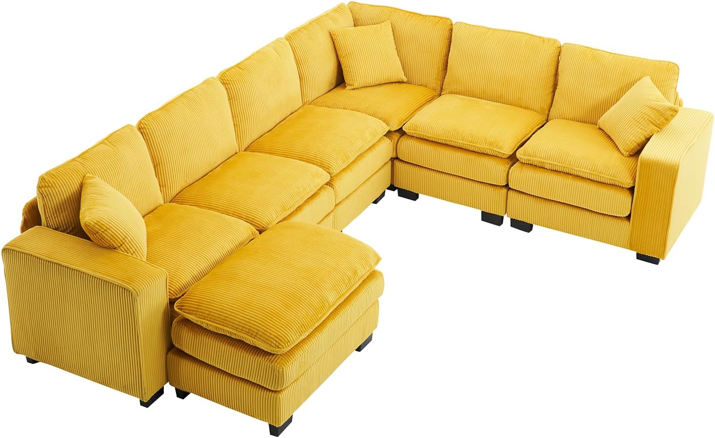143" Large Modular Sectional Sofa, Convertible U - L Shaped 6-Seat Sofa Couch with One Ottoman Chaise and Pillows Sectional Couches Comfy Corduroy Upholstered Sofa Sleeper for Living Room (Yellow)