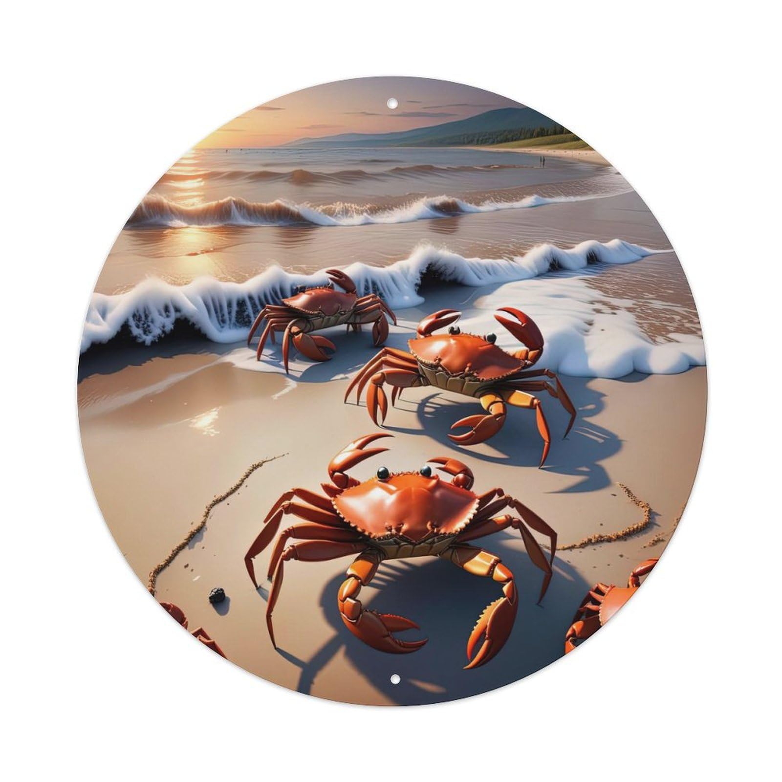 Animal Artwork Crabs on The Beach Vintage Metal Tin Sign Plaque Wall Decor for Cafe, Club, Garden Round Metal Poster 8x8Inch