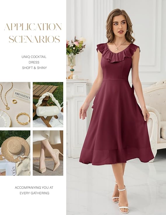 HomRain Chiffon Casual Beach Dresses for Women 2025 Summer Sleeveless, Cocktail Ruffle Wedding Guest Midi Dress for Church