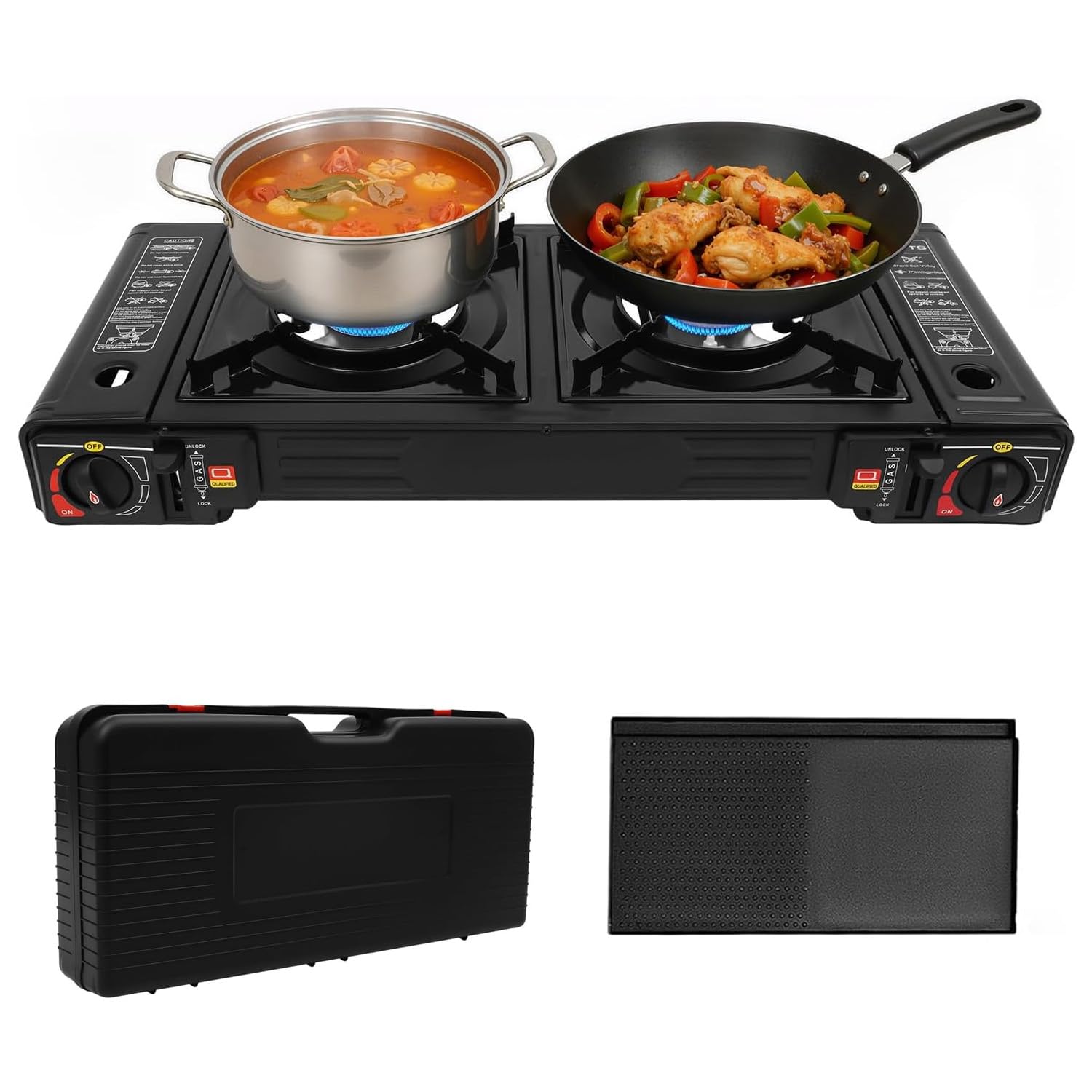 Barbecue à gaz et réchaud à gaz à 2 flammes en acier inoxydable - 2500 W - Réchaud de camping avec plaque de cuisson et boîte de rangement - Soupape de surpression intégrée - Réchaud à gaz de camping