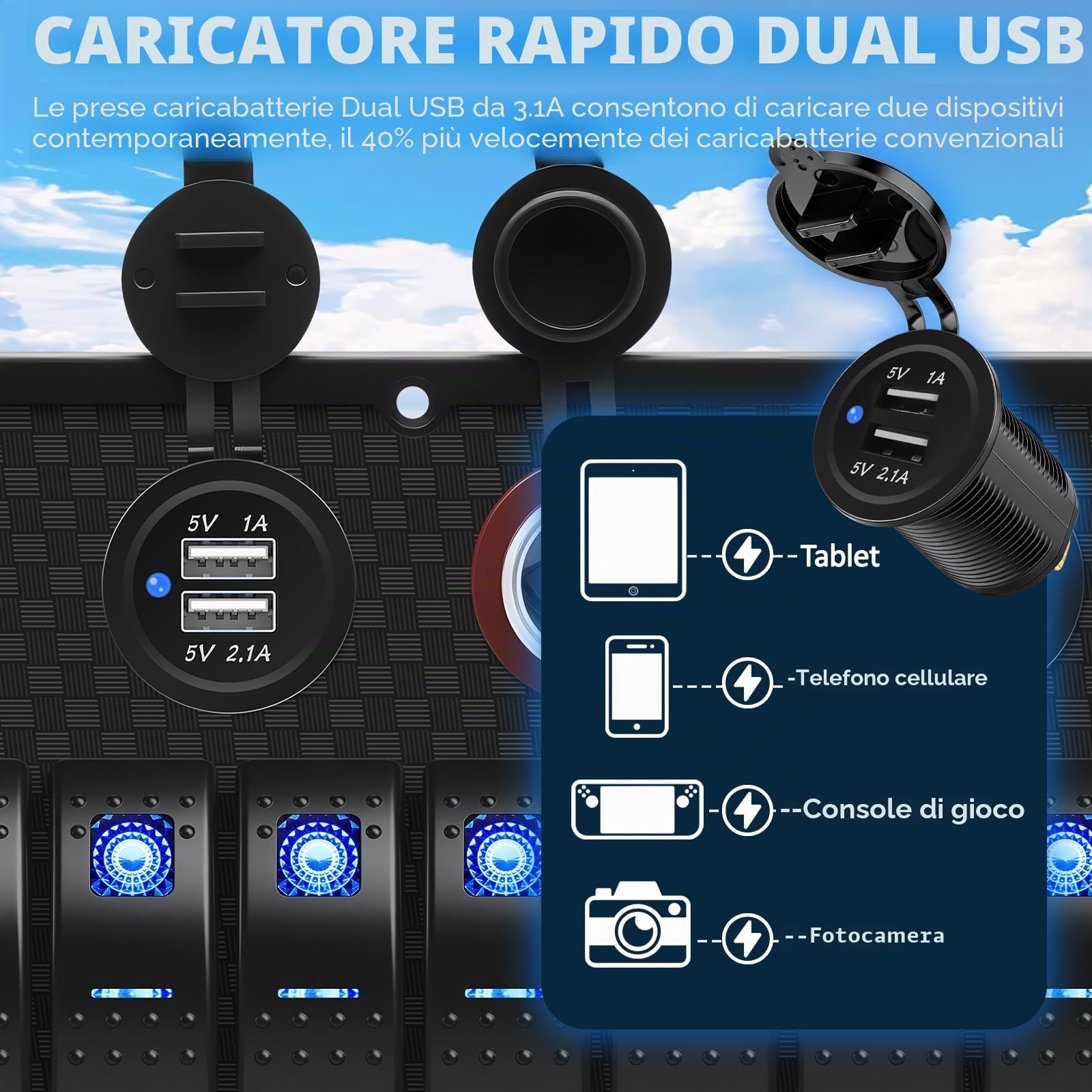 Geloo Pannello Interruttore a Bilanciere a 8 gang Impermeabile 4 in 1 multi-funzione, interruttore a levetta per Auto, Barca, Camper (Blue)