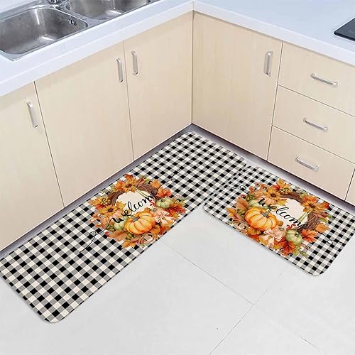 Miniatura 3 de Juego de 2 alfombras de cocina de otoño, calabaza de Acción de Gracias, hojas de arce, corona de girasol, rústico, negro y blanco, tapete de cocina