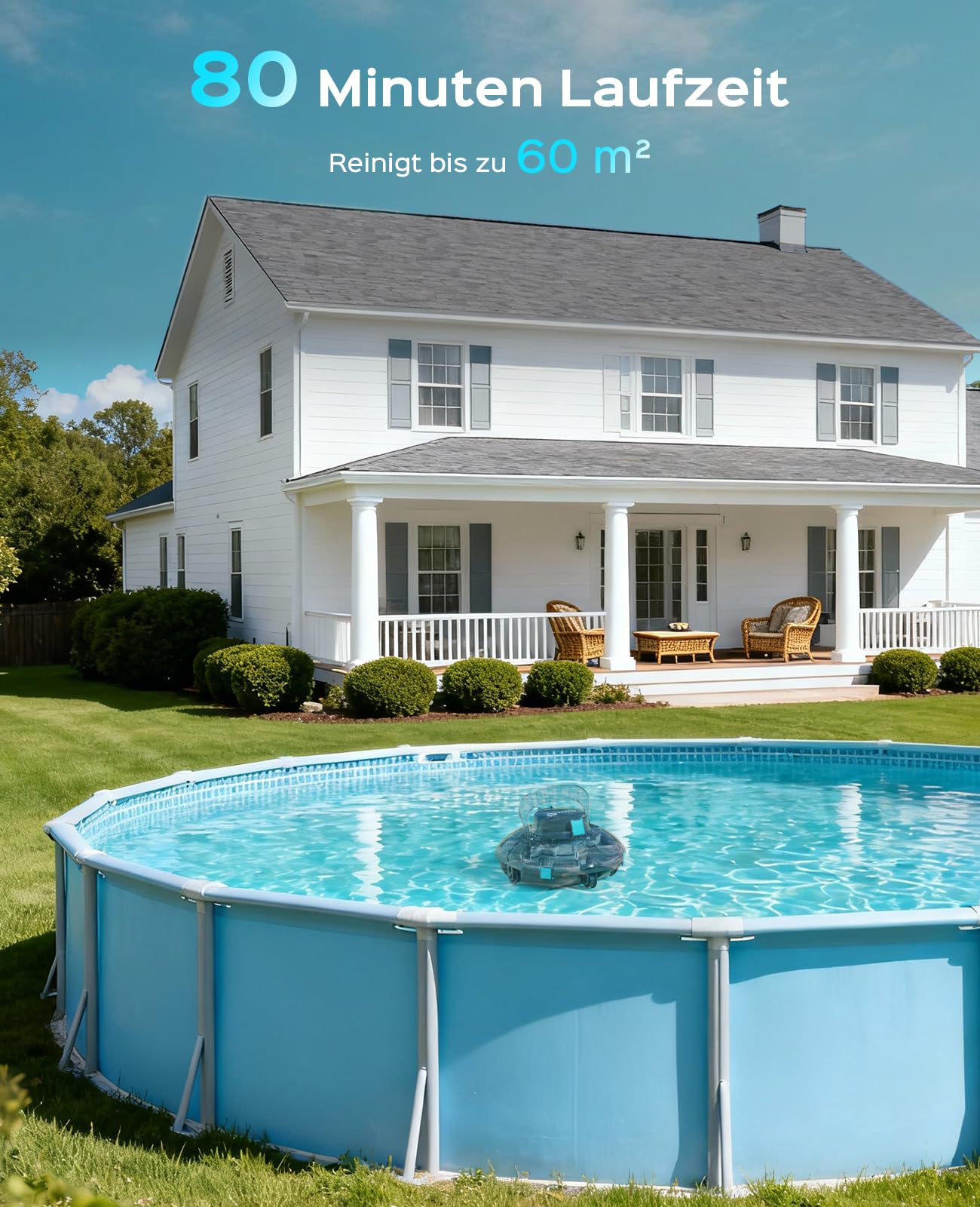 WINNY POOL CLEANER Winny 200 Poolroboter, Poolsauger kabellos mit Akku, 80 Min. Laufzeit, für Aufstellpools bis 60 m², Doppelfiltration, Automatisches Parken,Kompakt Leicht(Schwarz-Marine)