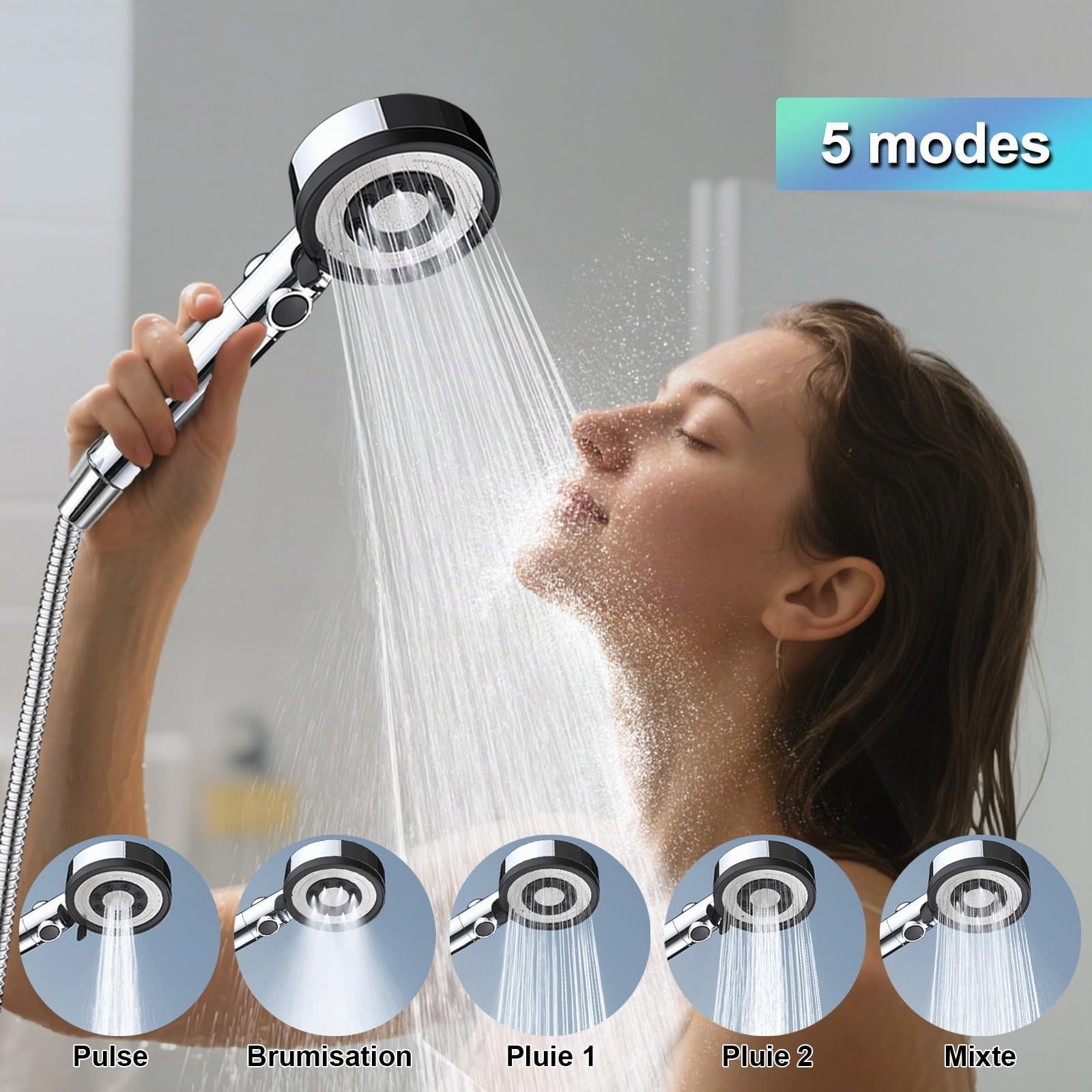 Pommeau Douche avec 4 Pp Filtres - Pommeau De Douche Haute Pression Anti Calcaire, Douchette Douche Salle de Bain avec 5 Modes de PulvéRisation, Chromé (Sans Tuyau ni Support)