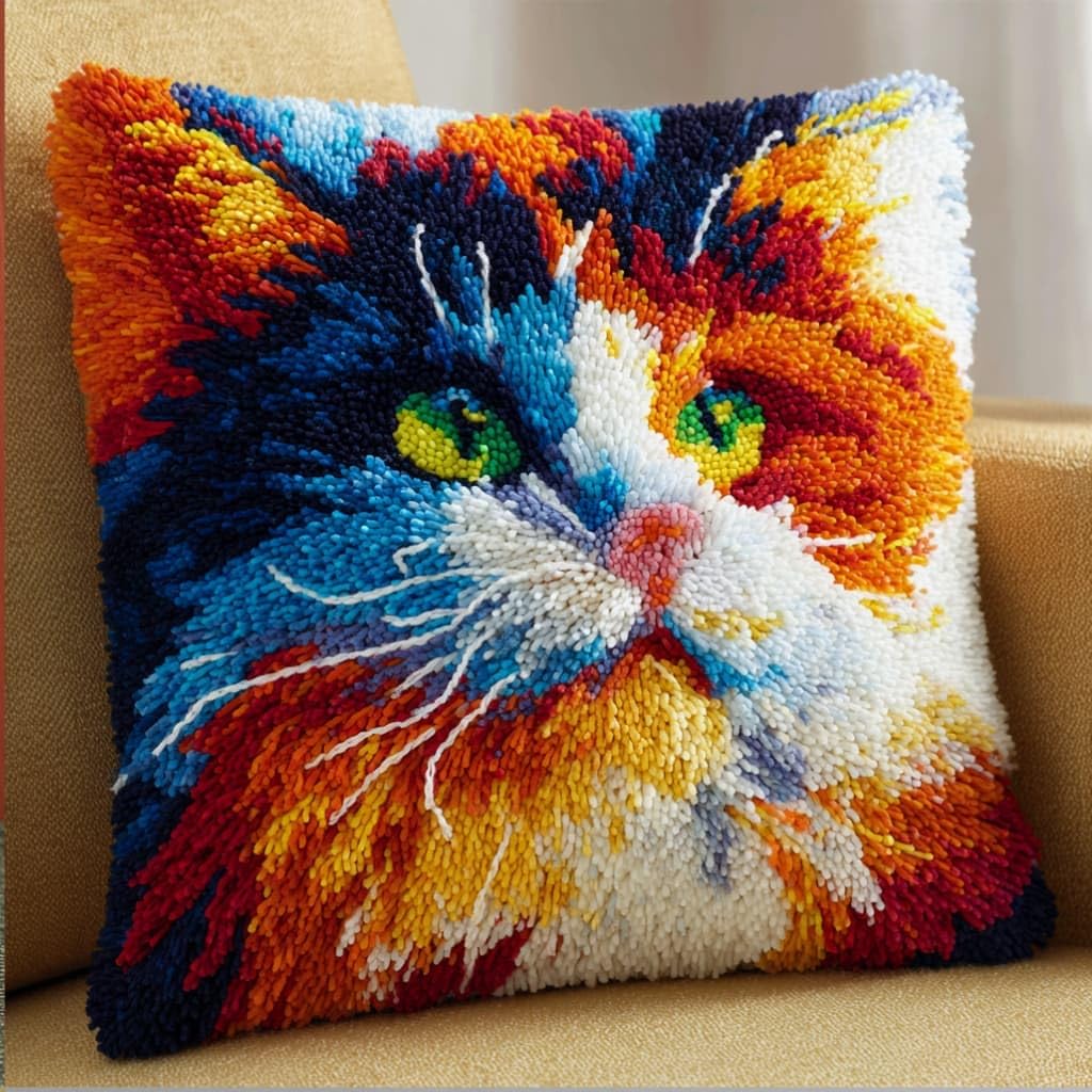 kitphoenix Latch Hook Kit Cushion Cat 43X43Cm Handmade Knitted Cushion Material Package,Beginner Friendly DIY Craft Set,Home Decor Pillow