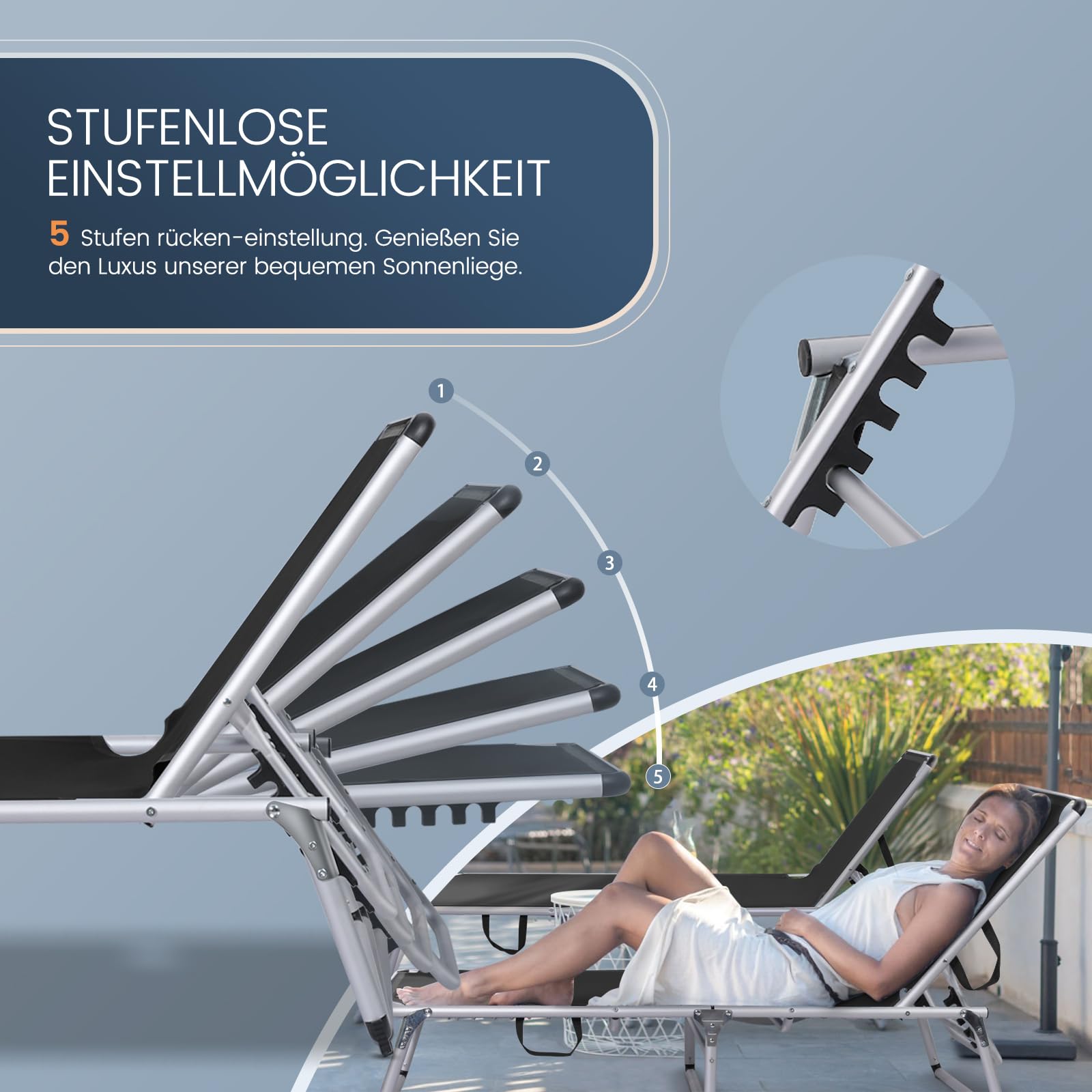 Homecall Sonnenliege Gartenliege Leicht Sonnenliege Klappbar Alu Liegestuhl Strandliege, 5 Fach Verstellbare Rückenlehne, 190 x 60 cm Sonnenschutzdach, bis 136KG (Ohne Sonnendach-Schwarz)