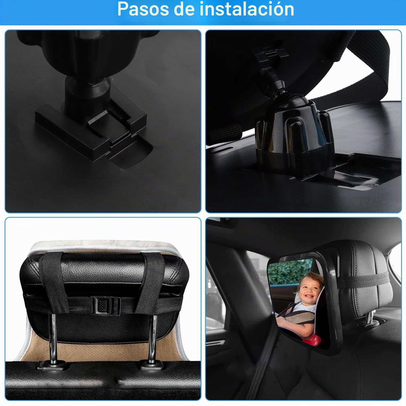 Espejo trasero para bebé, giratorio 360°, de material irrompible, correas elásticas ajustables