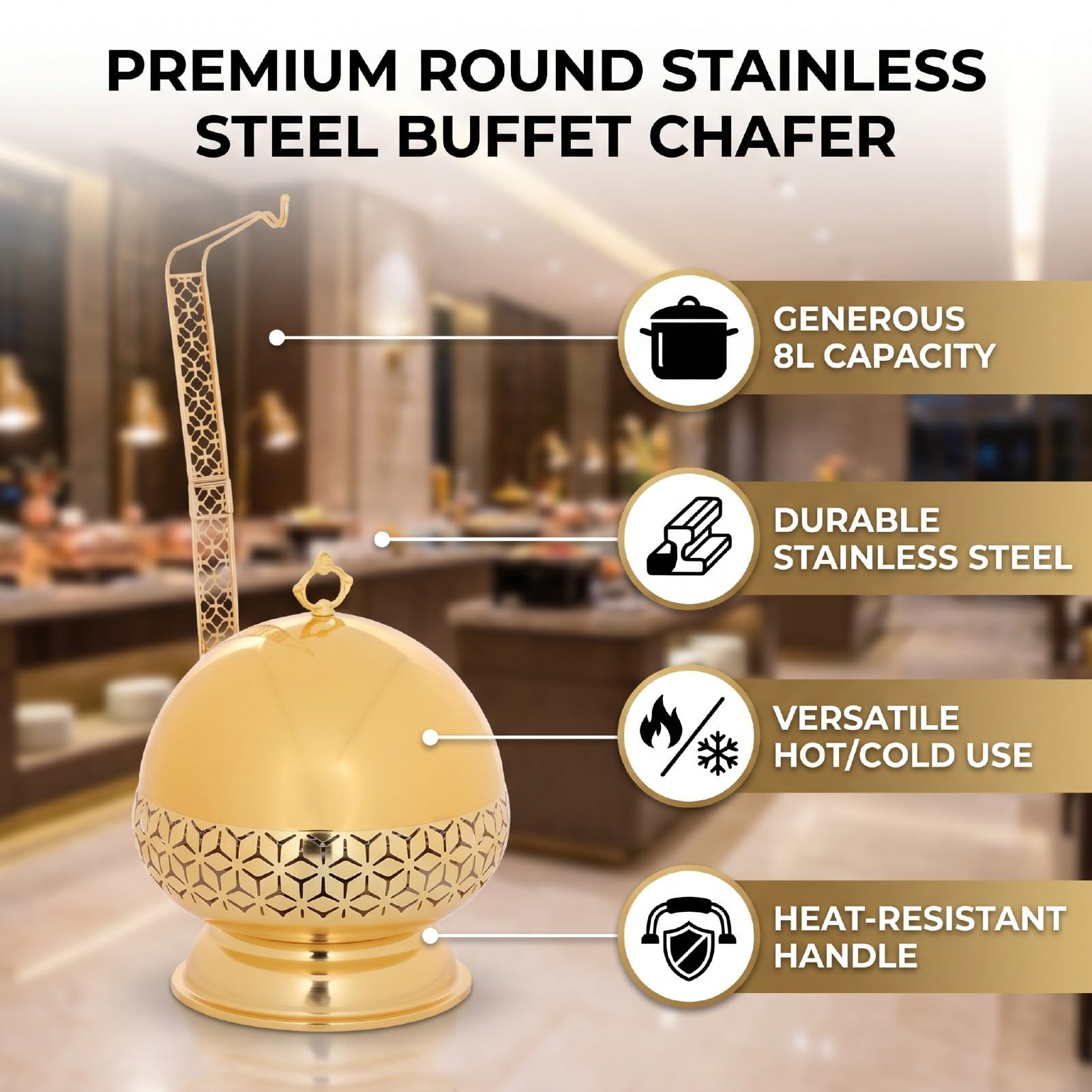 ZJchao Bandeja de Servicio de Acero Inoxidable Dorada 8L, Chafer con Tapa Extraíble con Gancho y Patas Desmontables para Bodas Catering Fiestas