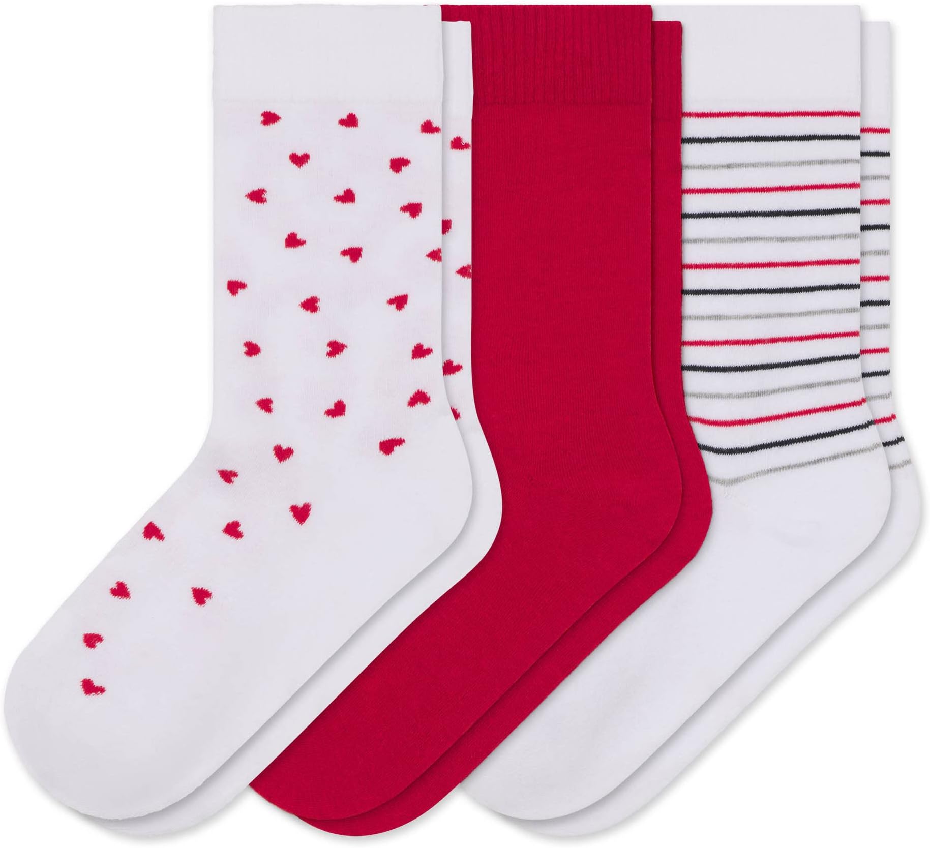 Health & Comfort Womens Non-binding Comfort Crew Socks 3 Pack (M, Hearts/Stripes/Red)