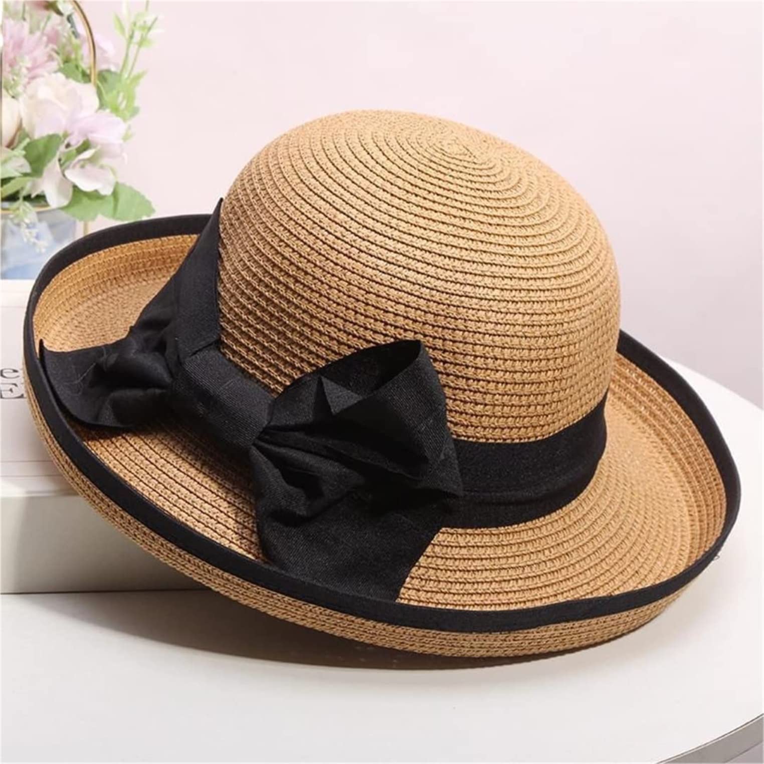Sombrero de Playa Plegable, Sombrero De Paja Verano Sol Enrollado Lazo ala Ancha Simple Casual Viaje Sombrero Playa Verano