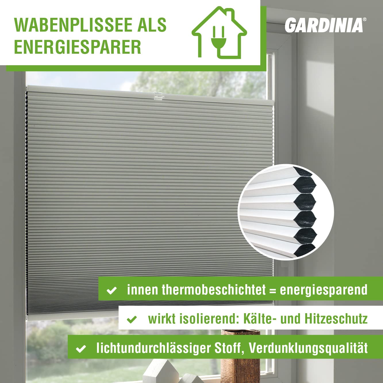GARDINIA Wabenplissee Concept Thermo-Abdunklung, Blickdicht, Lichtundurchlässig, Hitzeschutz, Faltrollo, Einfach in der Breite kürzbar, Energie sparen, EASYFIX Plissee, Weiß, 80 x 210 cm