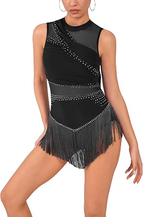 ODASDO Latin Dress for Women Tassel Fringe Sparkly Rhinestones Mesh Leotard Backless Bodysuit Jazz Samba Dancewear
