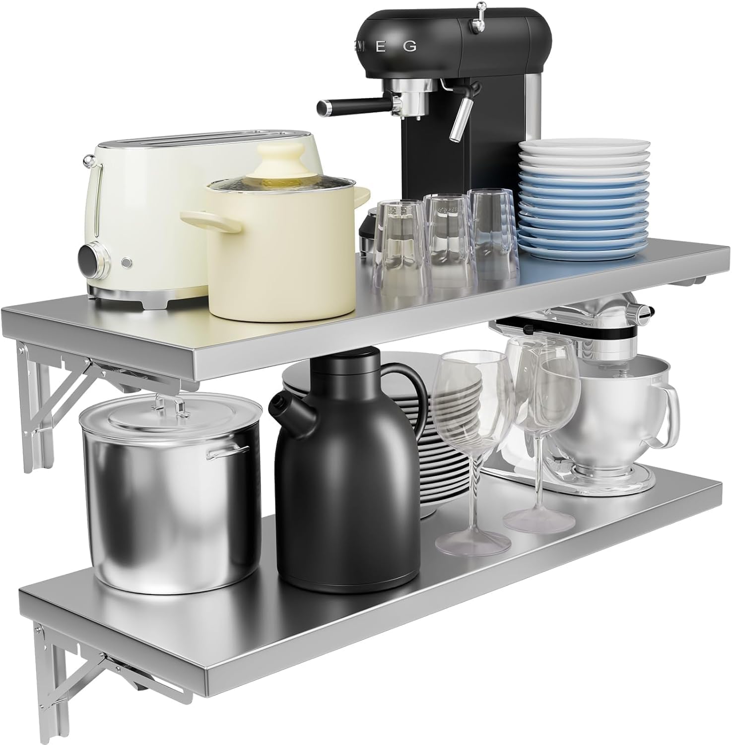TAIMIKO Étagère murale en acier inoxydable - Étagère murale pliable - Étagère de cuisine commerciale - Camion alimentaire, restaurant, garage, buanderie, buanderie, linge (80 cm, 2 pièces)