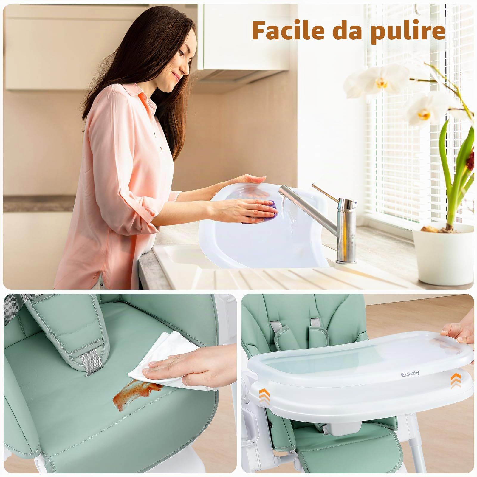 Ezebaby Seggiolone Bambini Ergonomico, Confortevole, Reclinabile, Pieghevole, con Altezza Regolabile e Poggiapiedi, Vassoio Staccabile con Ruote e Cintura di Sicurezza a 5 Punti Verde | 7 altezze, schienale reclinabile, doppio vassoio, cintura a 5 punti,