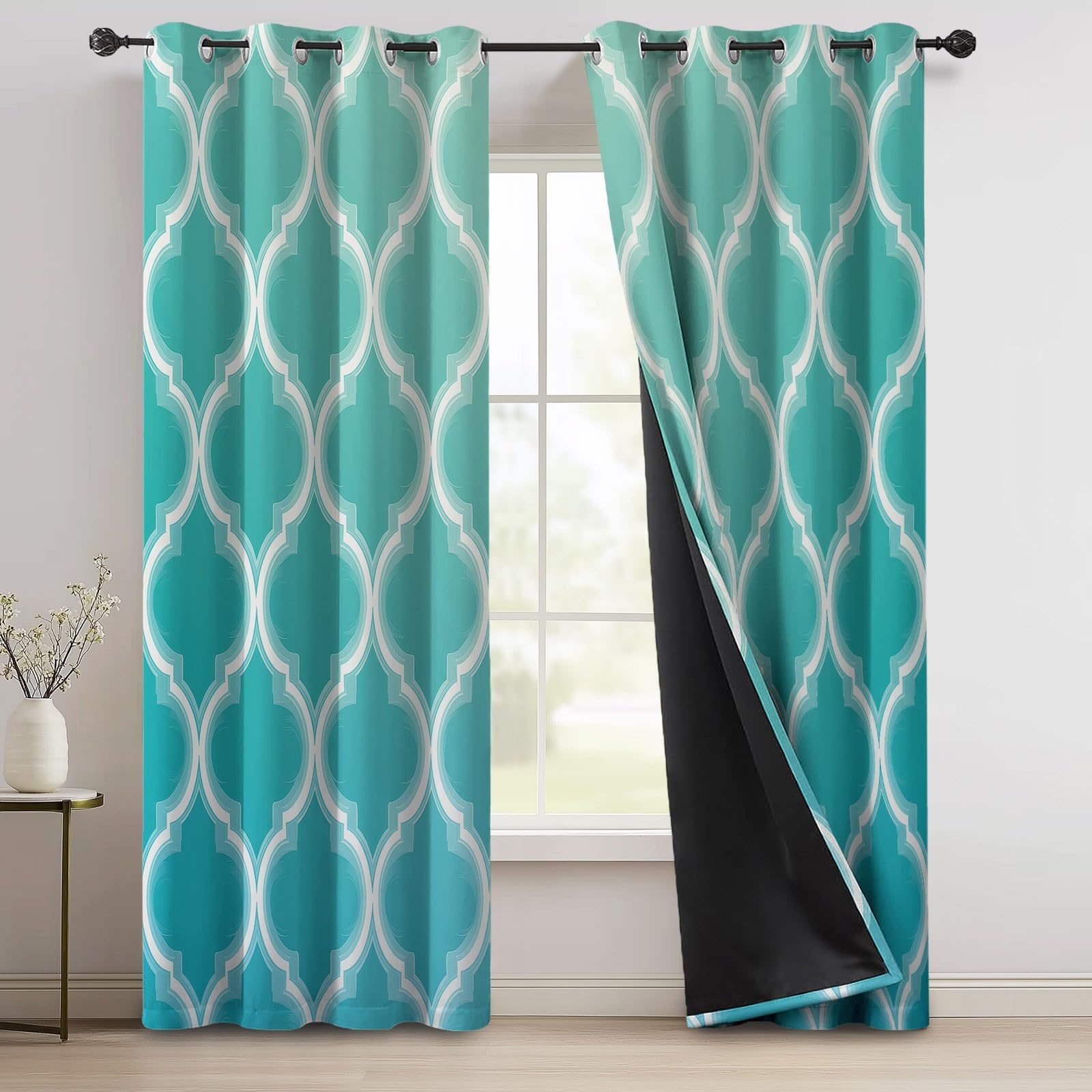 Rideau Isolan Carreaux géométriques Modernes 2 Rideaux Imprimé Thermiques Anti Froid/Chaleur Vert foncé avec Oeillets Élégant pour Salon Chambre Maison 91.5L X 214H cm (2 Panneaux)