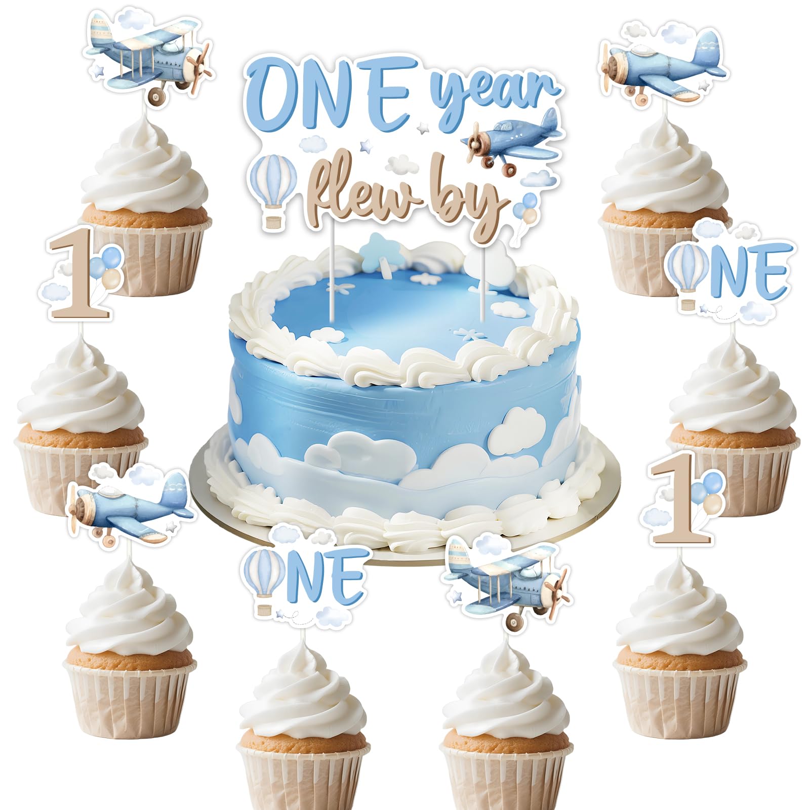 Kreatwow Aeroplane Cake Topper Decoration 25Pcs One Year Flew By Cupcake Topper Airplane 1st Birthday Party Decoration Time Flies Decors Aircraft Aviation Party Travel Adventure Plane Cloud Decor