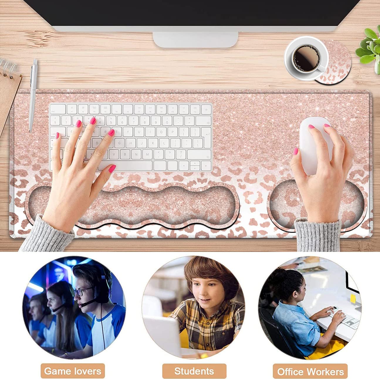 Großes Mauspad und Gel-Maus-Handgelenkauflage + Memory-Schaum-Tastatur-Handgelenkauflage-Set, rutschfeste Gummiunterseite für Büro, Zuhause, XXL-Leoparden-Sternmuster, rosa Schreibtischunterlage